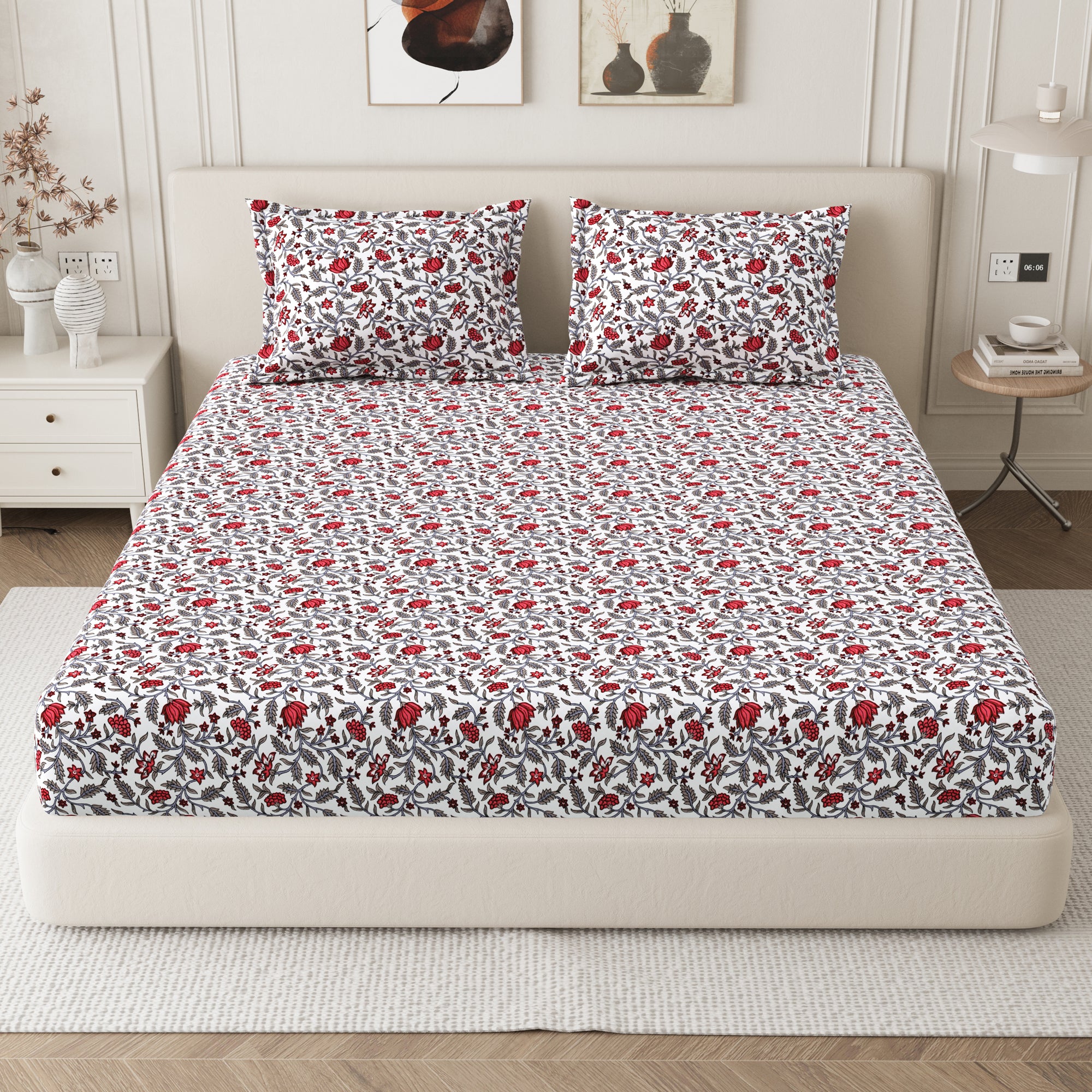 Daisy King Fitted Sheet with 2 Pillow Covers 130 GSM Micropeach Jaipuri Floral Red