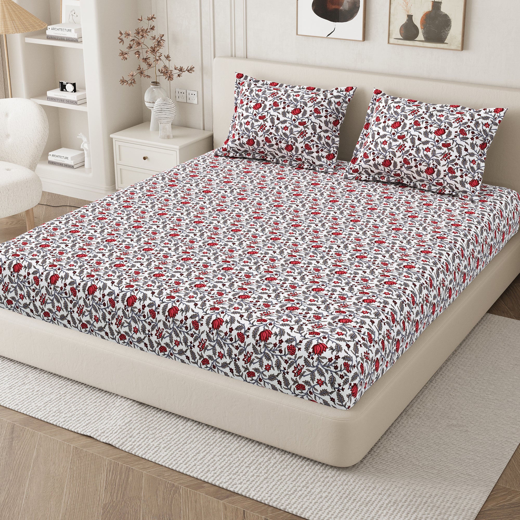 Daisy Queen Fitted Sheet with 2 Pillow Covers 130 GSM Micropeach Jaipuri Floral Red