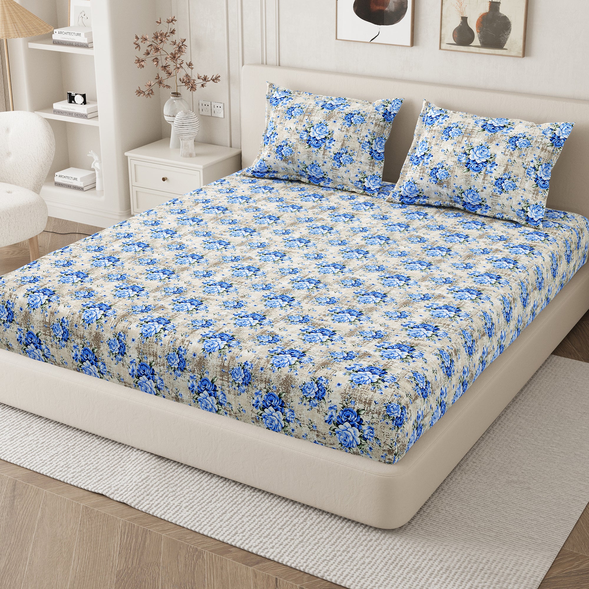 Daisy King Fitted Sheet with 2 Pillow Covers 130 GSM Micropeach Vintage Floral Blue