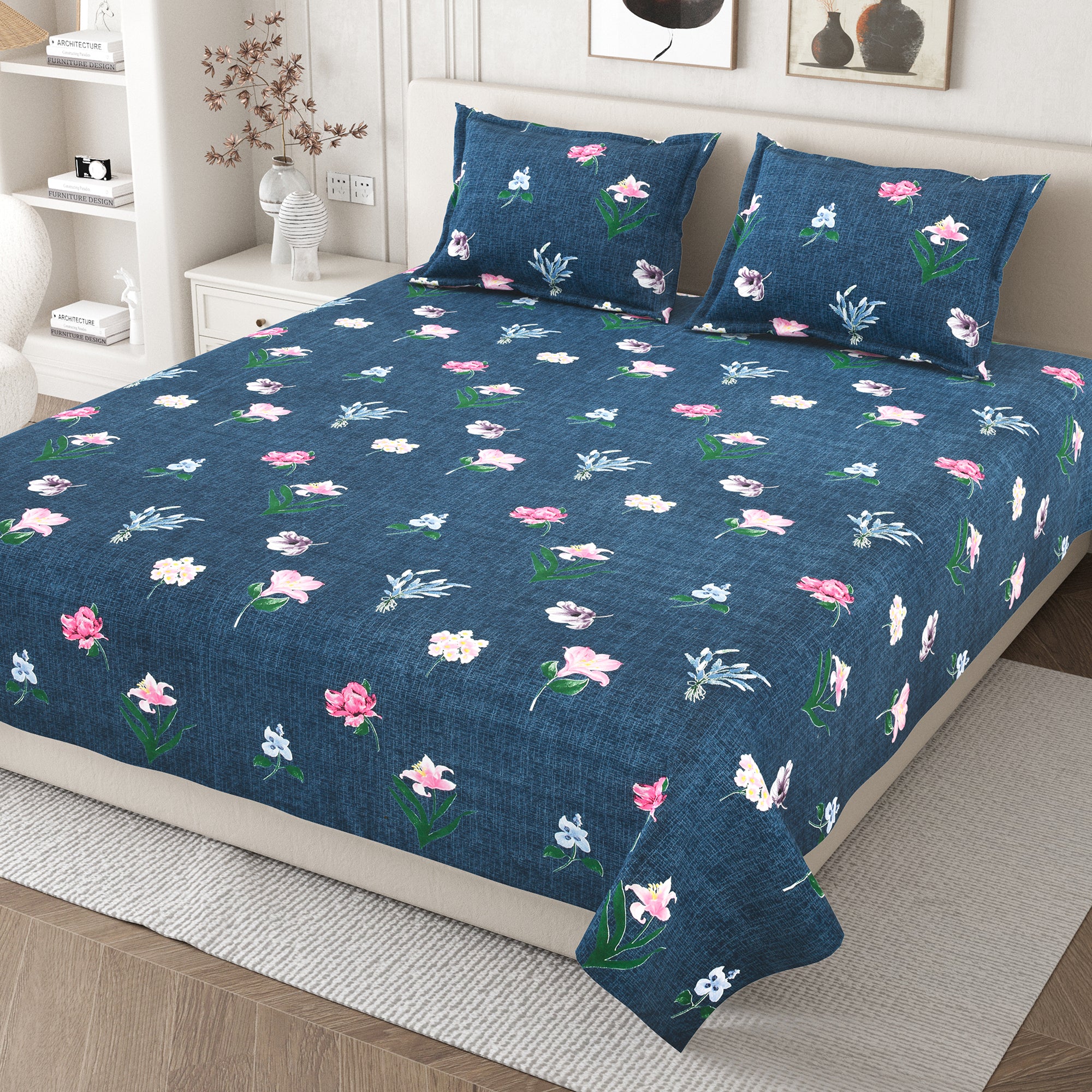 Daisy Queen Bedsheet with 2 Pillow Covers 130 GSM Micropeach Floral Garden Blue