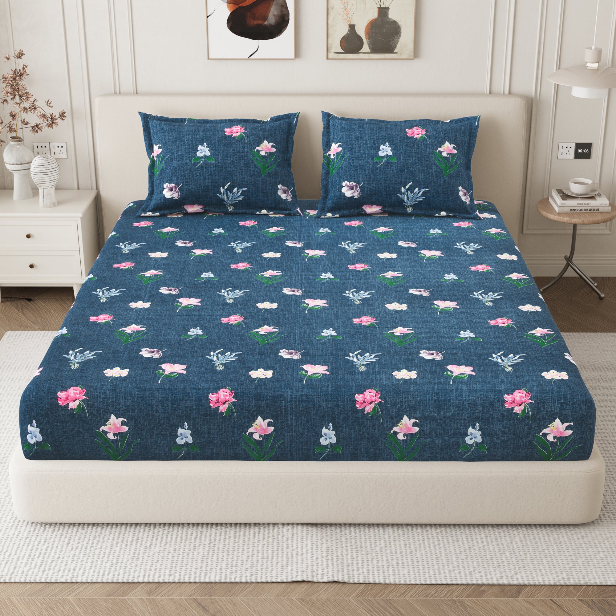 Daisy King Fitted Sheet with 2 Pillow Covers 130 GSM Micropeach Floral Garden Blue