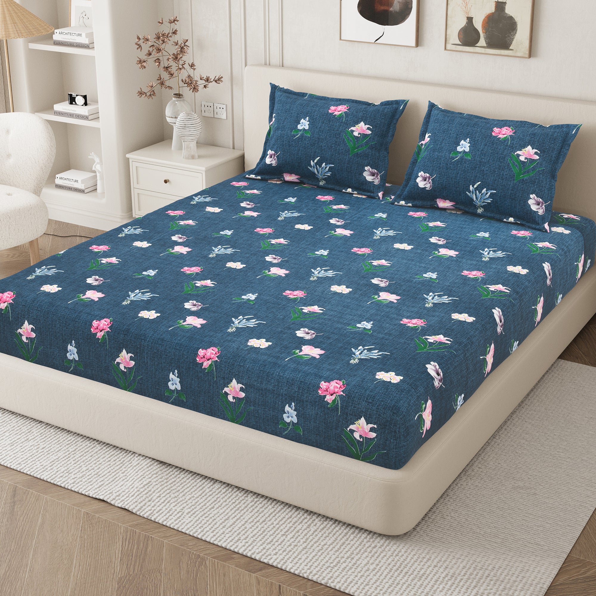 Daisy Queen Fitted Sheet with 2 Pillow Covers 130 GSM Micropeach Floral Garden Blue