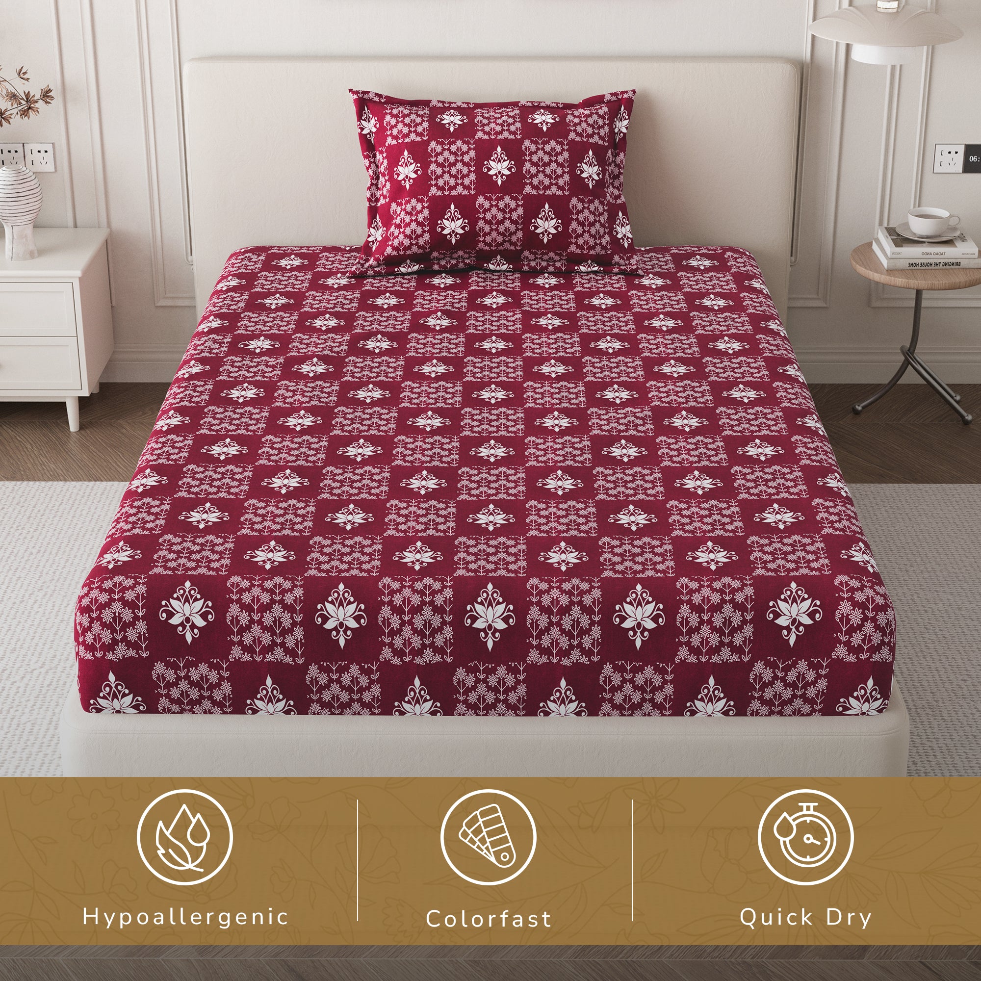 Daisy Single Bedsheet with 1 Pillow Cover 130 GSM Micropeach Floral Diamond Red
