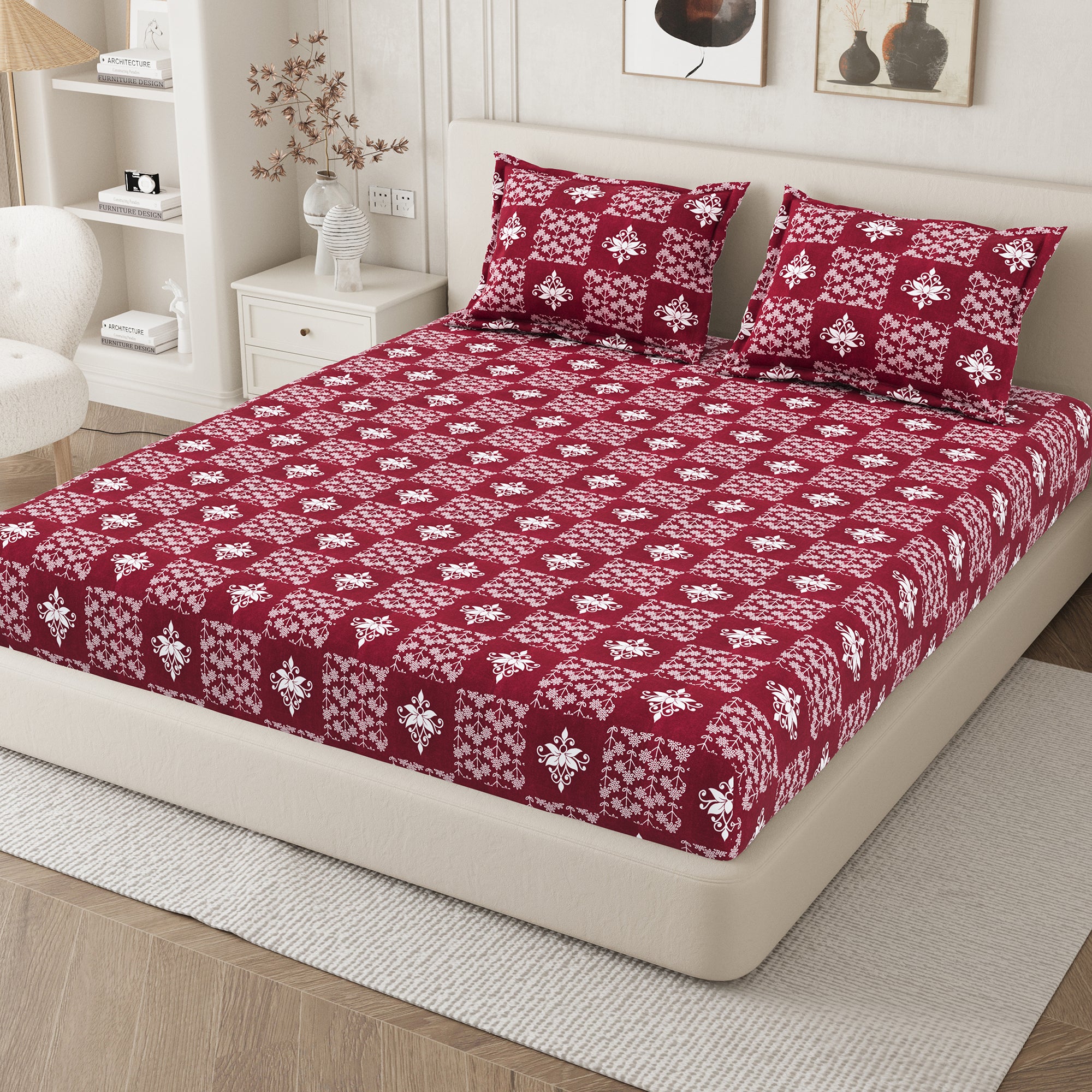 Daisy King Fitted Sheet with 2 Pillow Covers 130 GSM Micropeach Floral Diamond Red