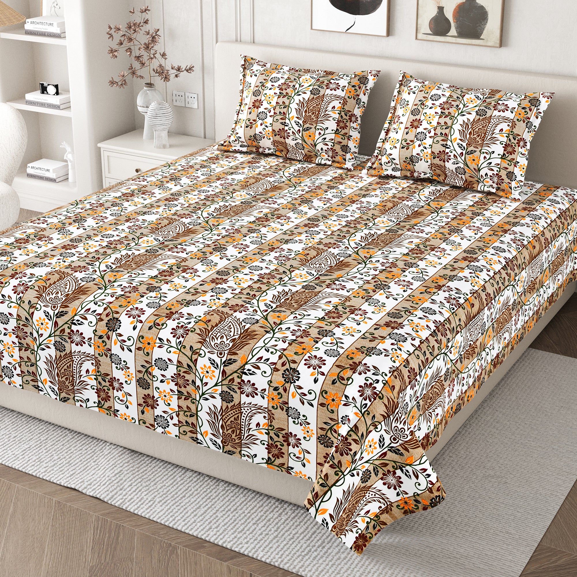 Daisy Queen Bedsheet with 2 Pillow Covers 130 GSM Micropeach Liitle Flowers Brown
