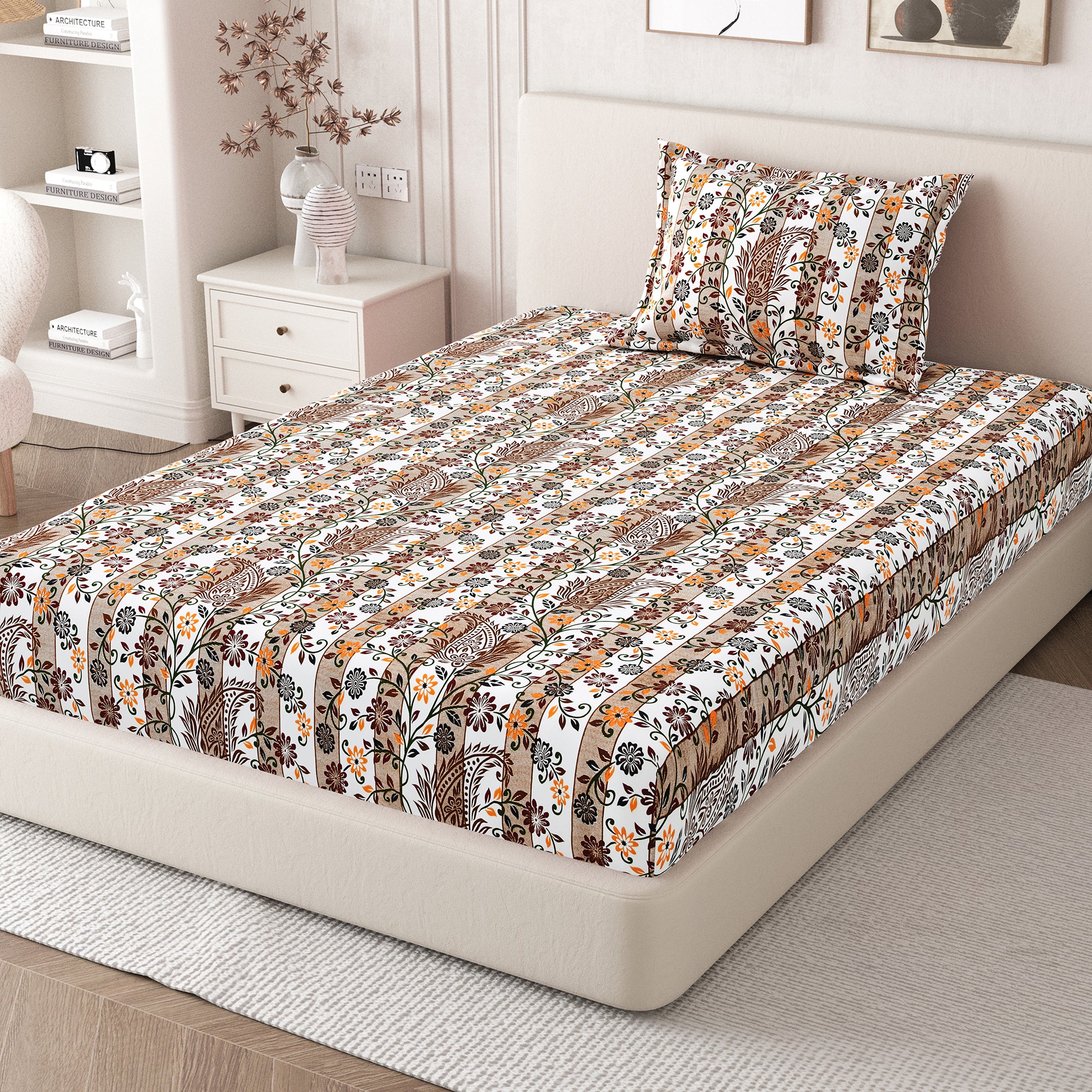 Daisy Single Bedsheet with 1 Pillow Cover 130 GSM Micropeach Liitle Flowers Brown