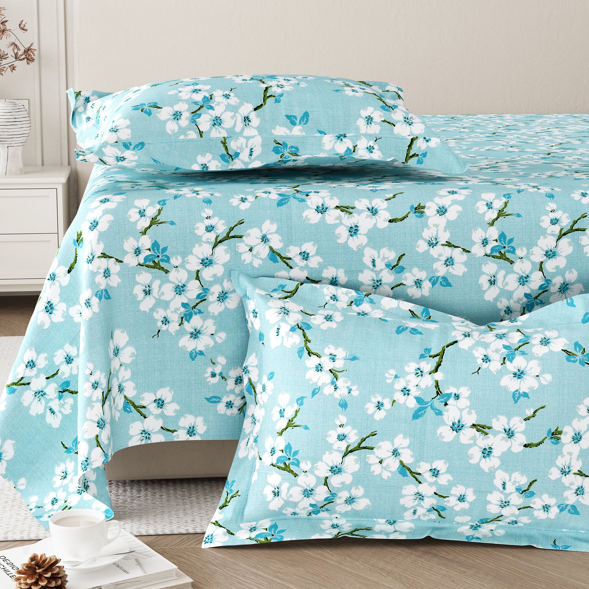 Daisy Queen Bedsheet with 2 Pillow Covers 130 GSM Micropeach Blossam Blue Blue