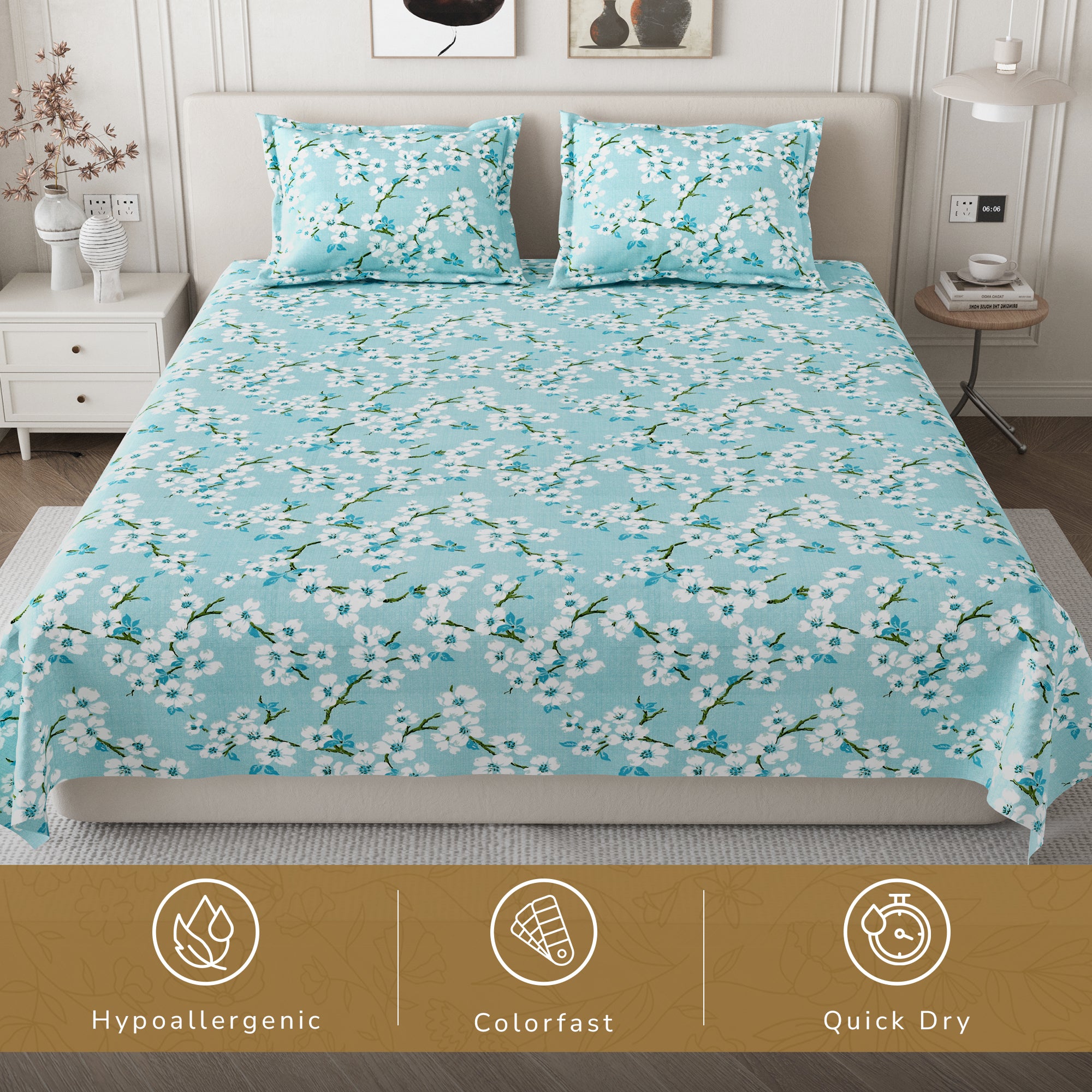 Daisy Queen Bedsheet with 2 Pillow Covers 130 GSM Micropeach Blossam Blue Blue
