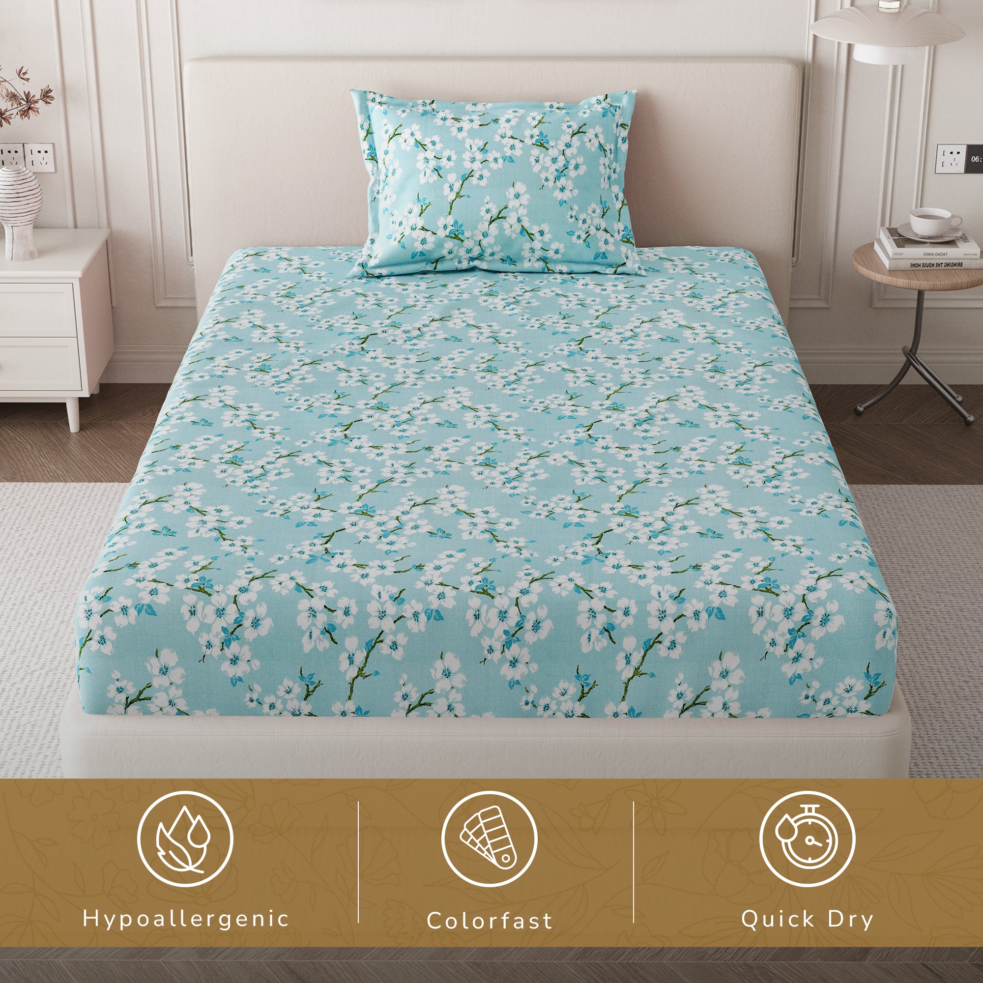 Daisy Single Bedsheet with 1 Pillow Cover 130 GSM Micropeach Blossam Blue Blue
