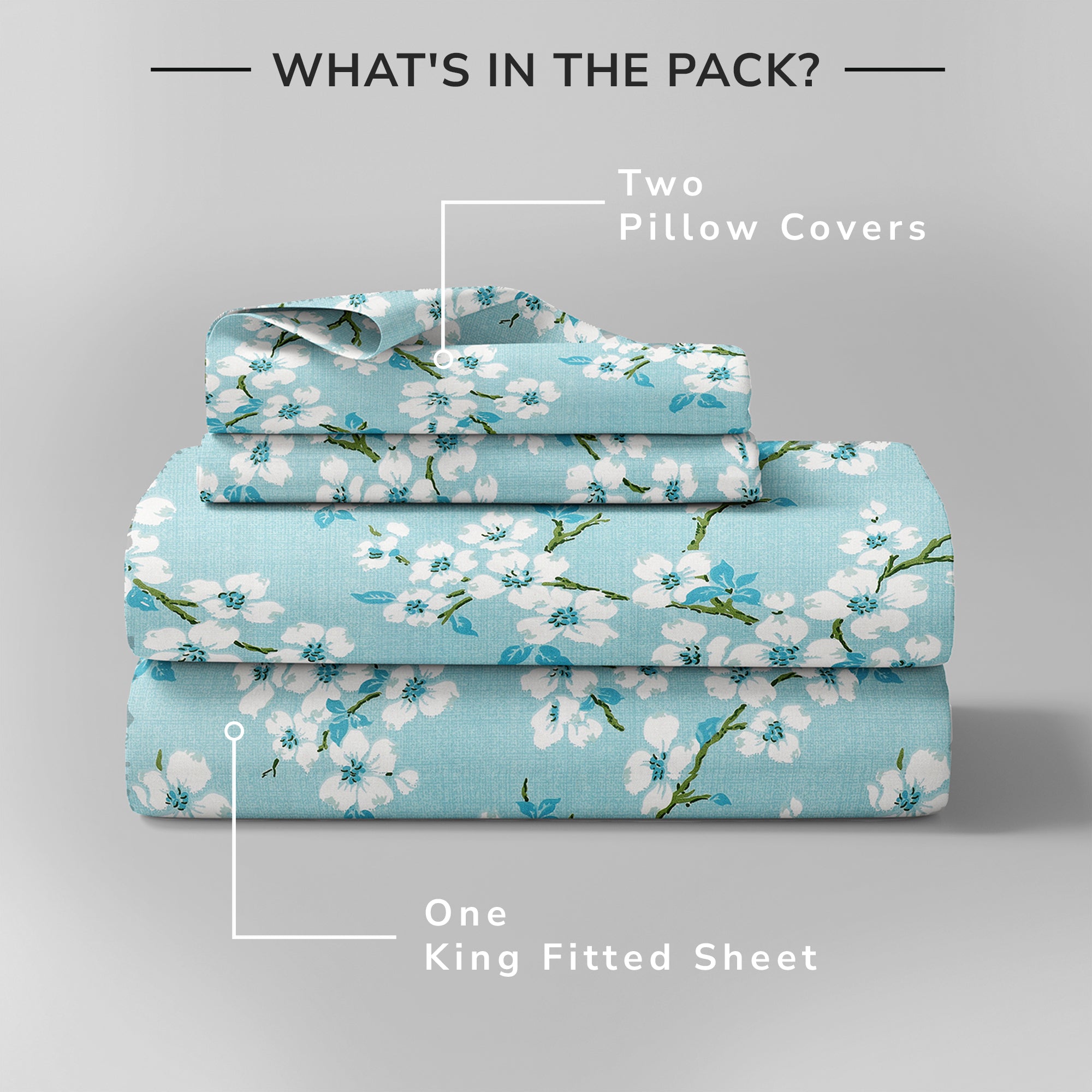 Daisy King Fitted Sheet with 2 Pillow Covers 130 GSM Micropeach Blossam Blue Blue