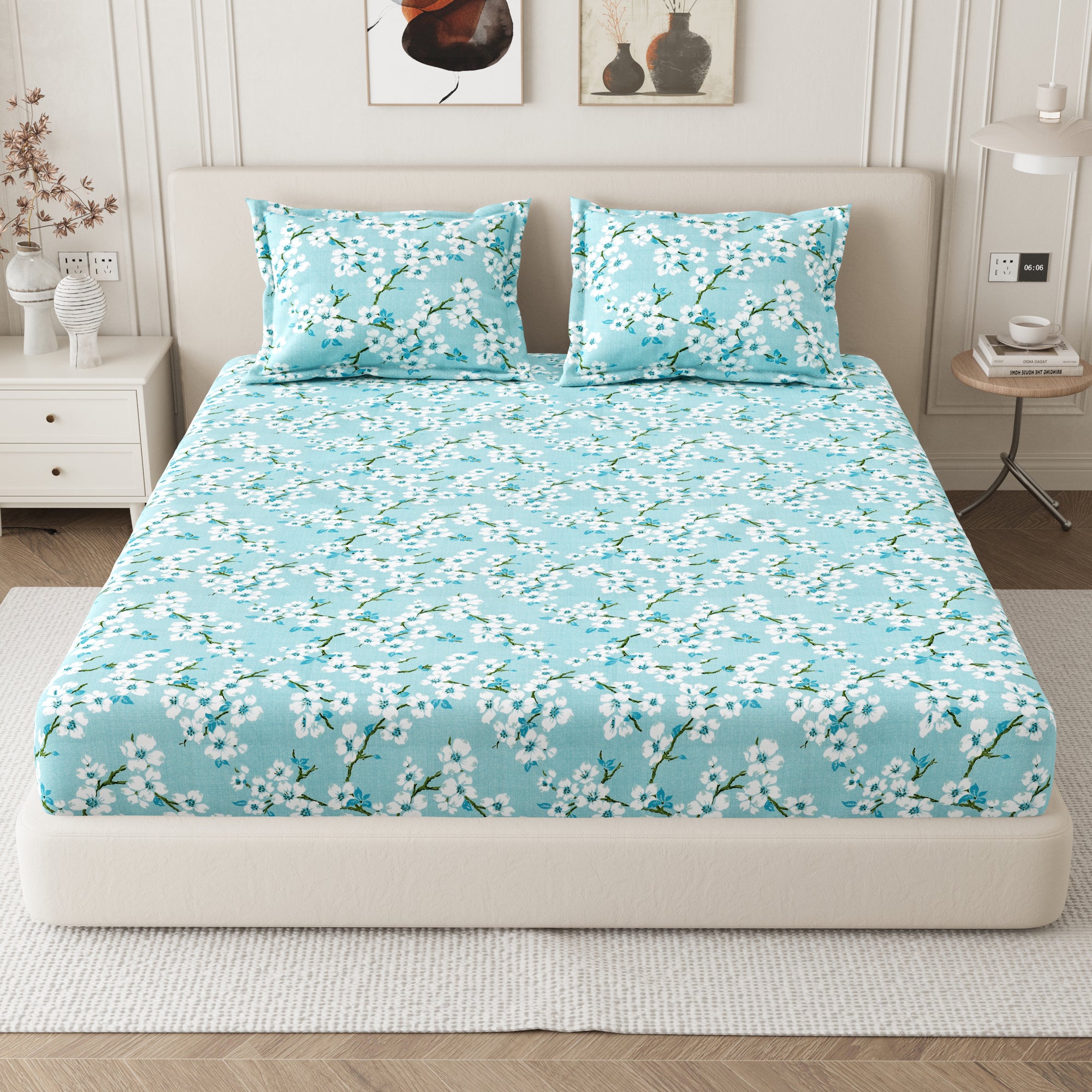 Daisy Queen Fitted Sheet with 2 Pillow Covers 130 GSM Micropeach Blossam Blue Blue