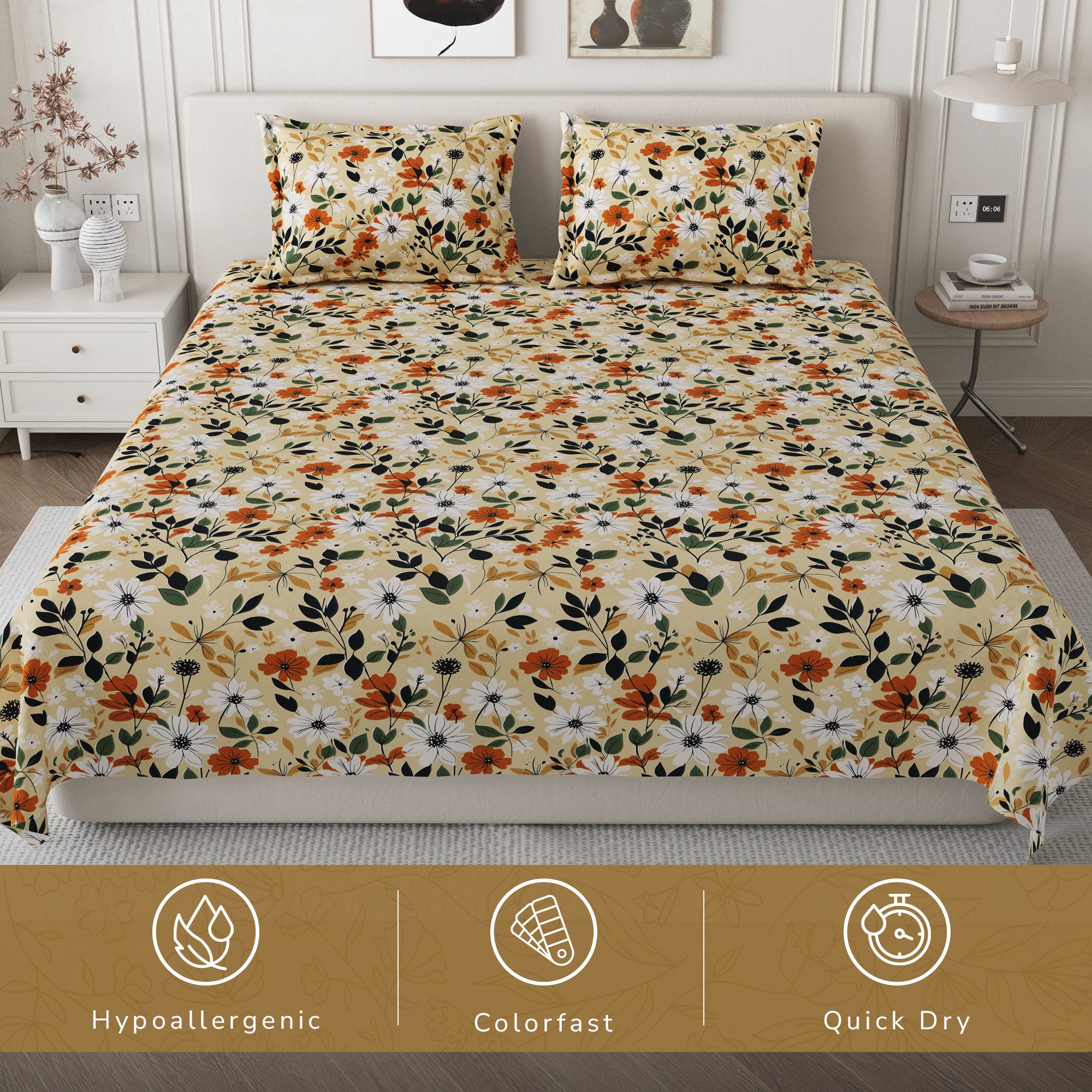 Daisy Queen Bedsheet with 2 Pillow Covers 130 GSM Micropeach Muted Floral Brown
