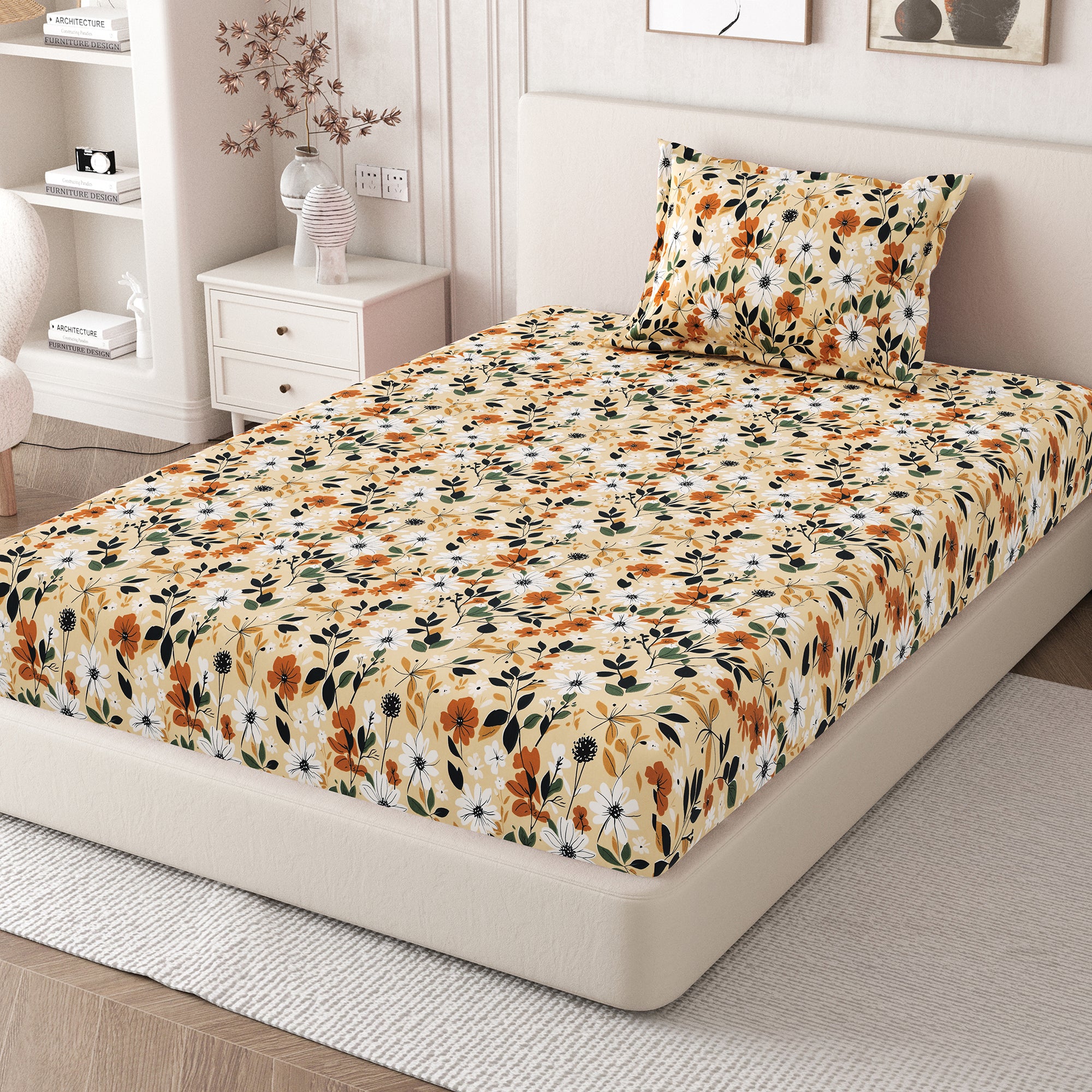 Daisy Single Bedsheet with 1 Pillow Cover 130 GSM Micropeach Muted Floral Brown