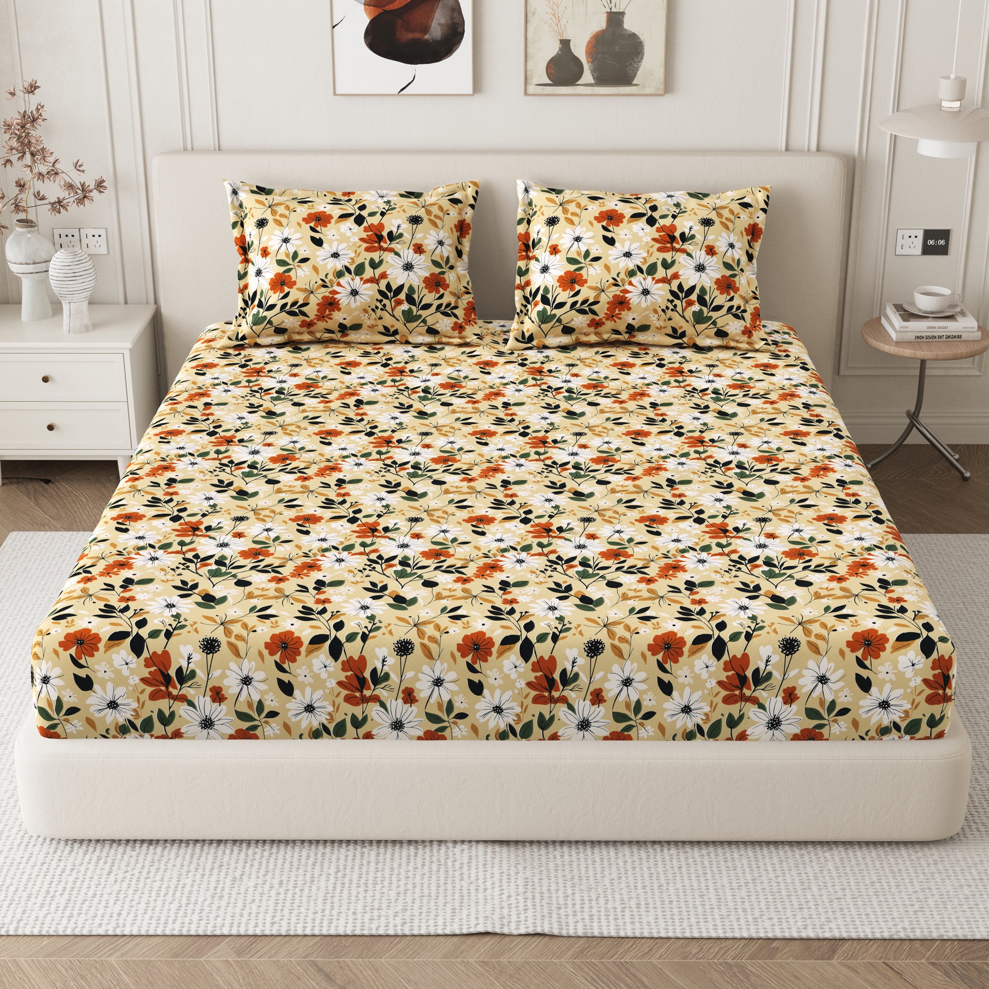 Daisy King Fitted Sheet with 2 Pillow Covers 130 GSM Micropeach Muted Floral Brown