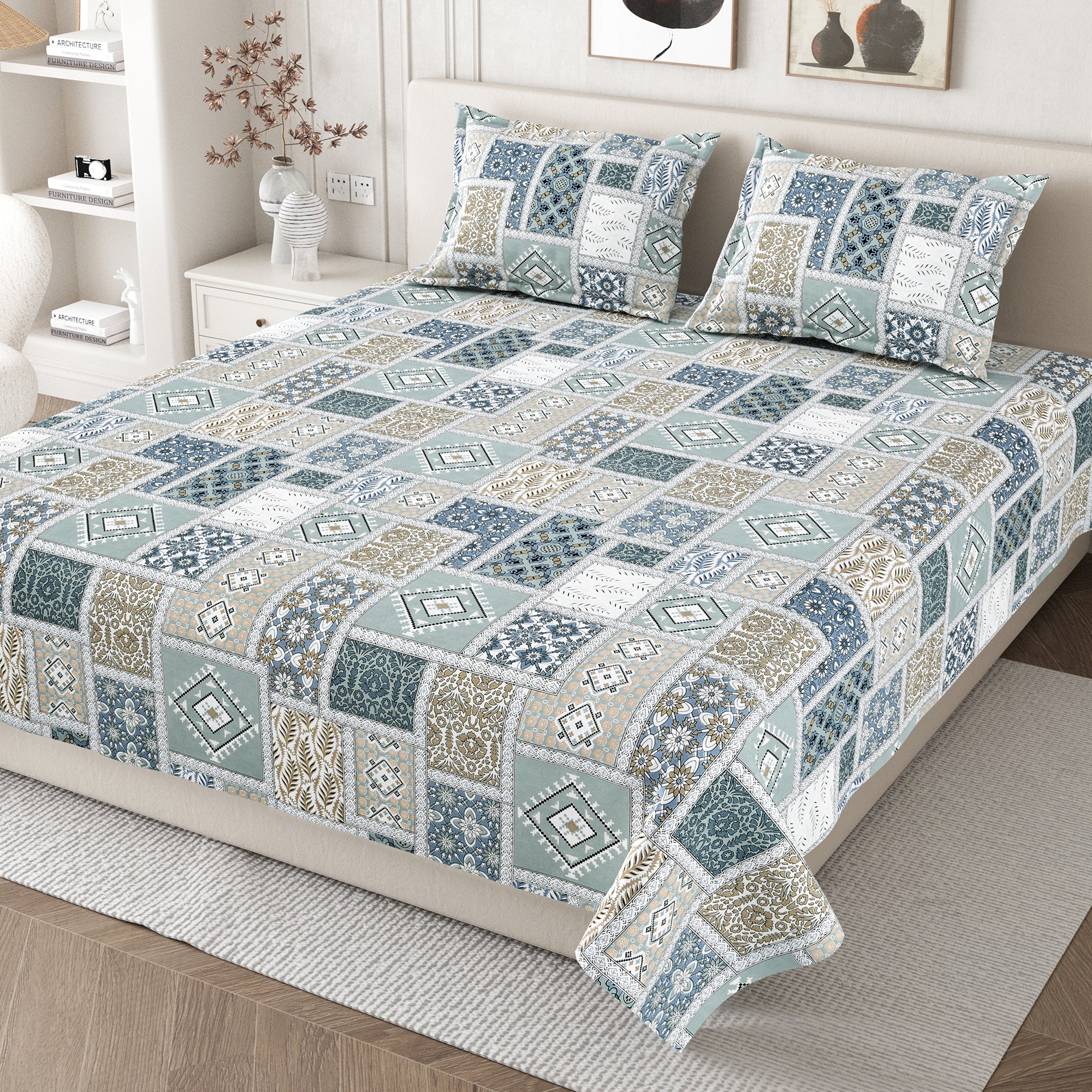 Daisy Queen Bedsheet with 2 Pillow Covers 130 GSM Micropeach Classic Mosaic Grey