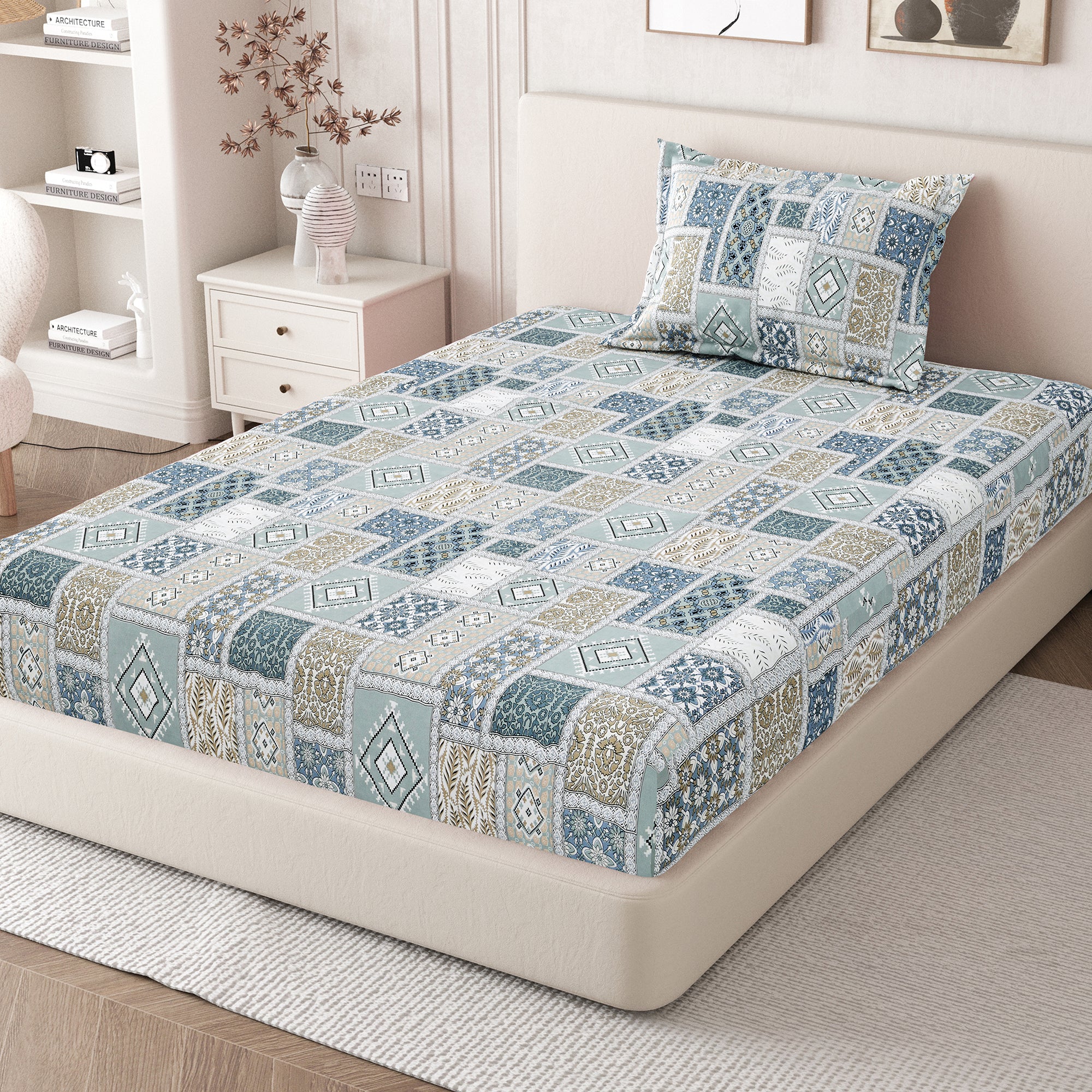 Daisy Single Bedsheet with 1 Pillow Cover 130 GSM Micropeach Classic Mosaic Grey