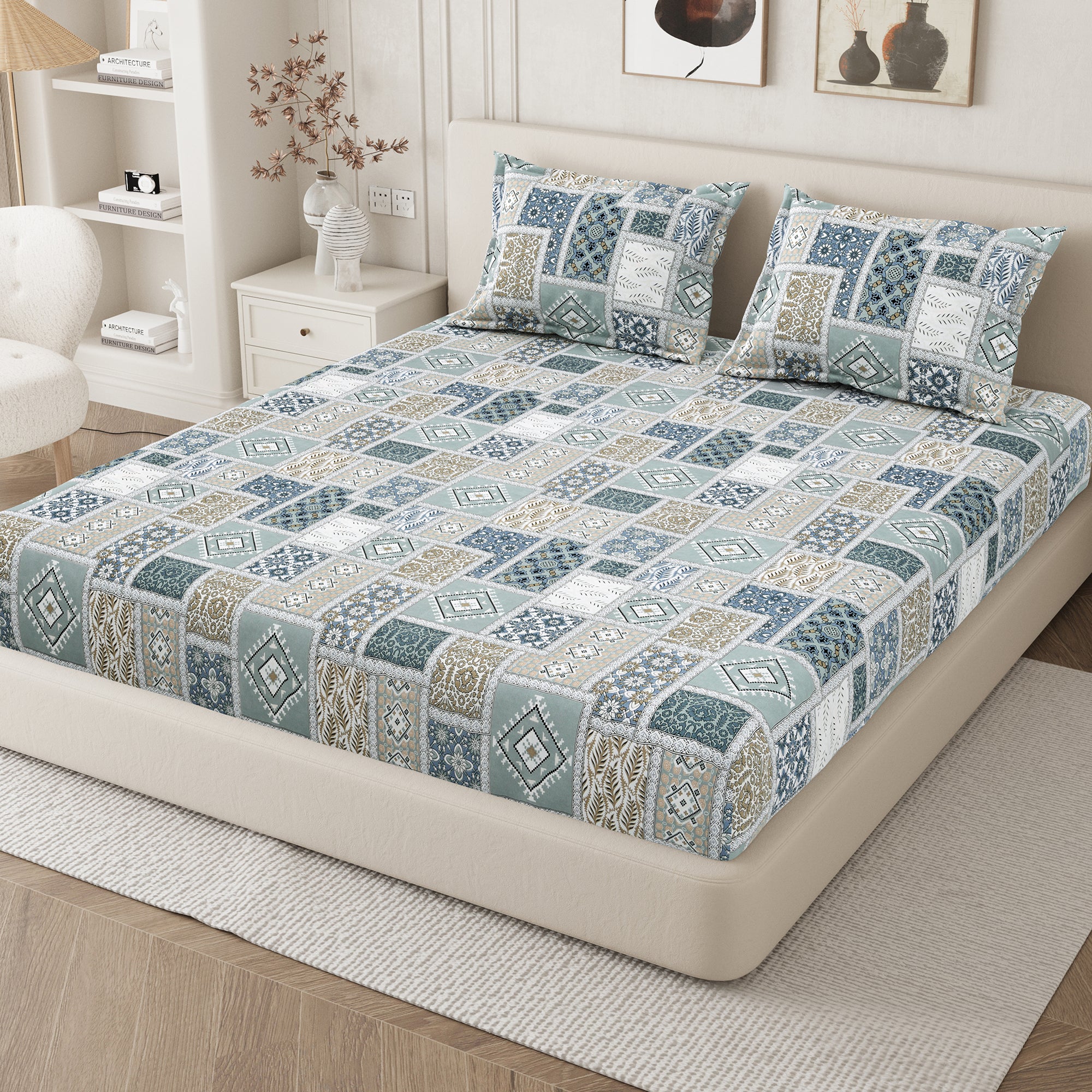 Daisy King Fitted Sheet with 2 Pillow Covers 130 GSM Micropeach Classic Mosaic Grey