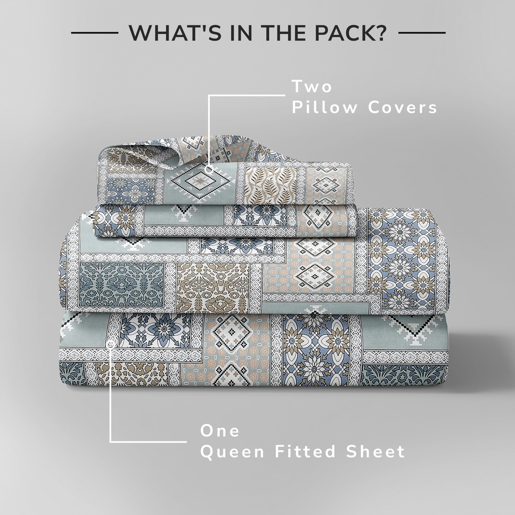 Daisy Queen Fitted Sheet with 2 Pillow Covers 130 GSM Micropeach Classic Mosaic Grey