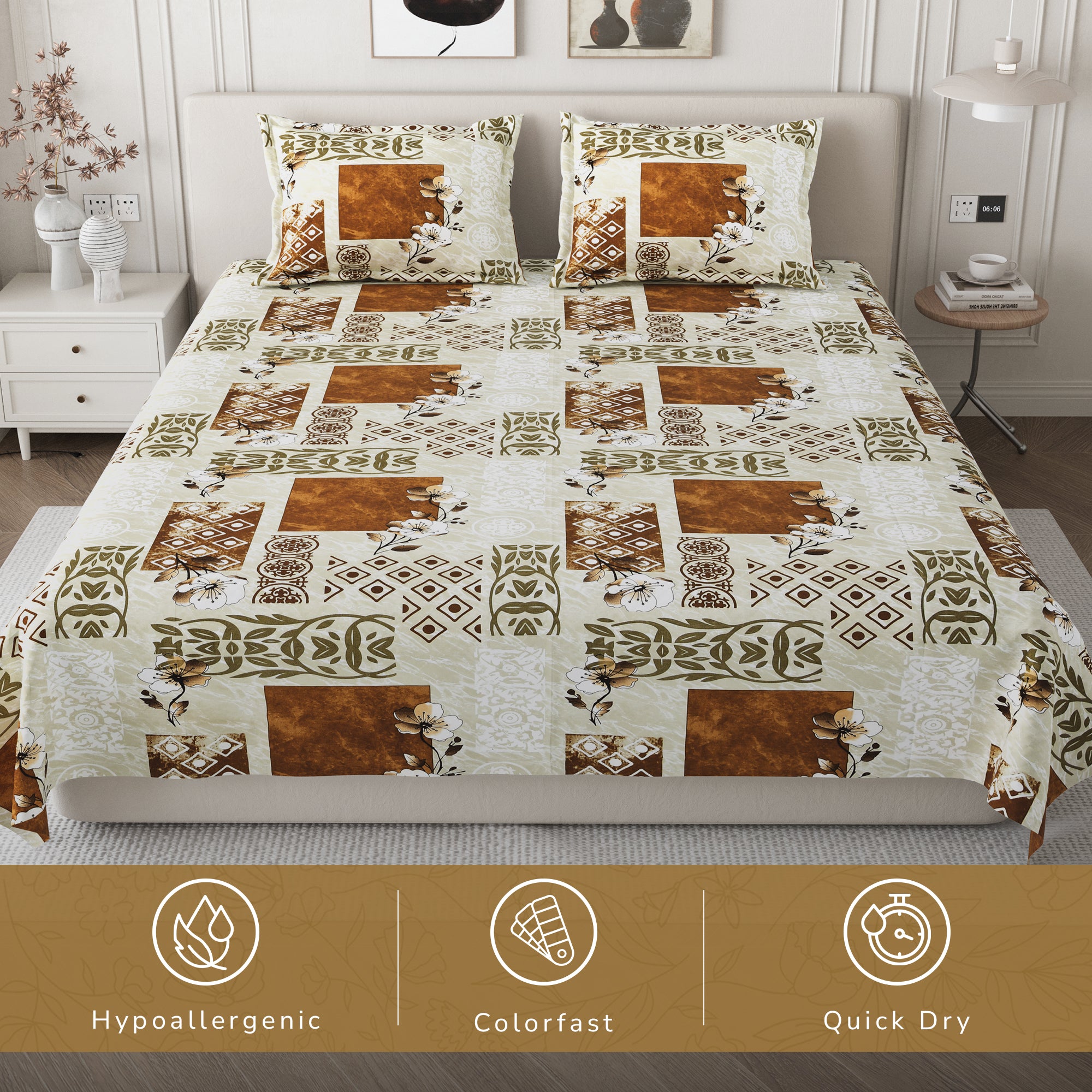 Daisy Queen Bedsheet with 2 Pillow Covers 130 GSM Micropeach Floral Marble Brown