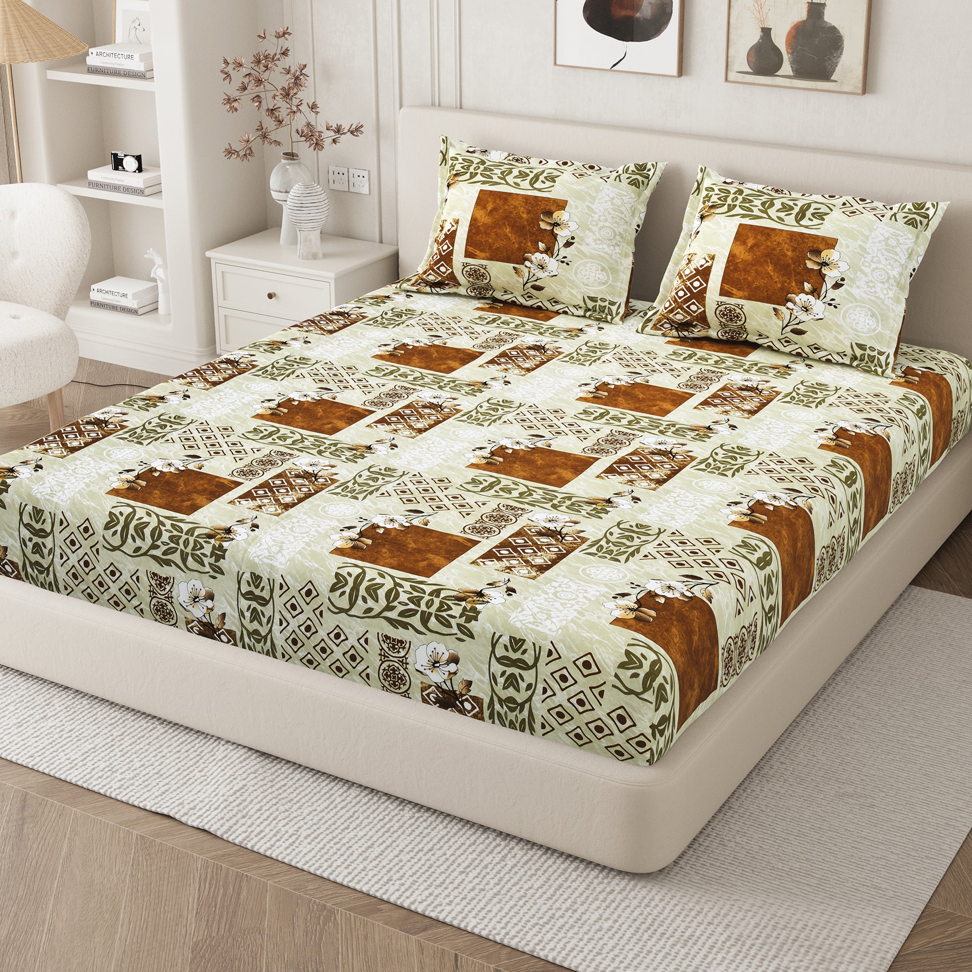 Daisy King Fitted Sheet with 2 Pillow Covers 130 GSM Micropeach Floral Marble Brown
