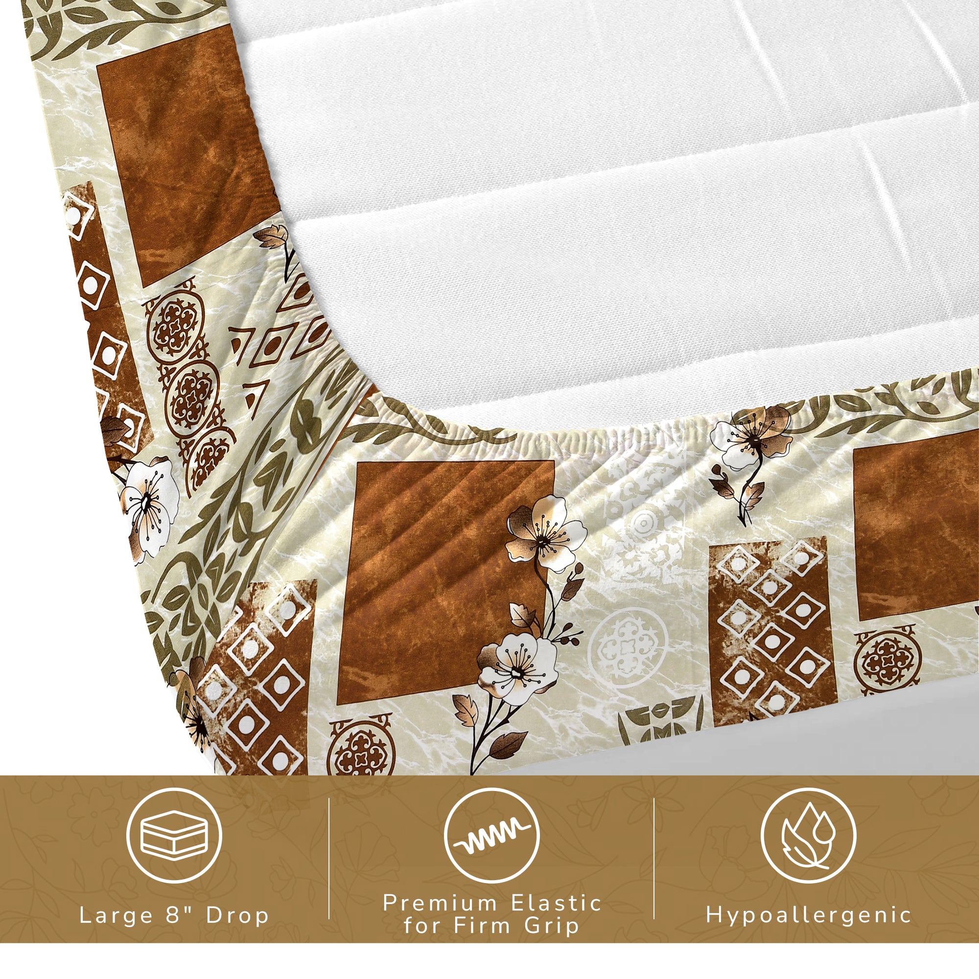 Daisy King Fitted Sheet with 2 Pillow Covers 130 GSM Micropeach Floral Marble Brown