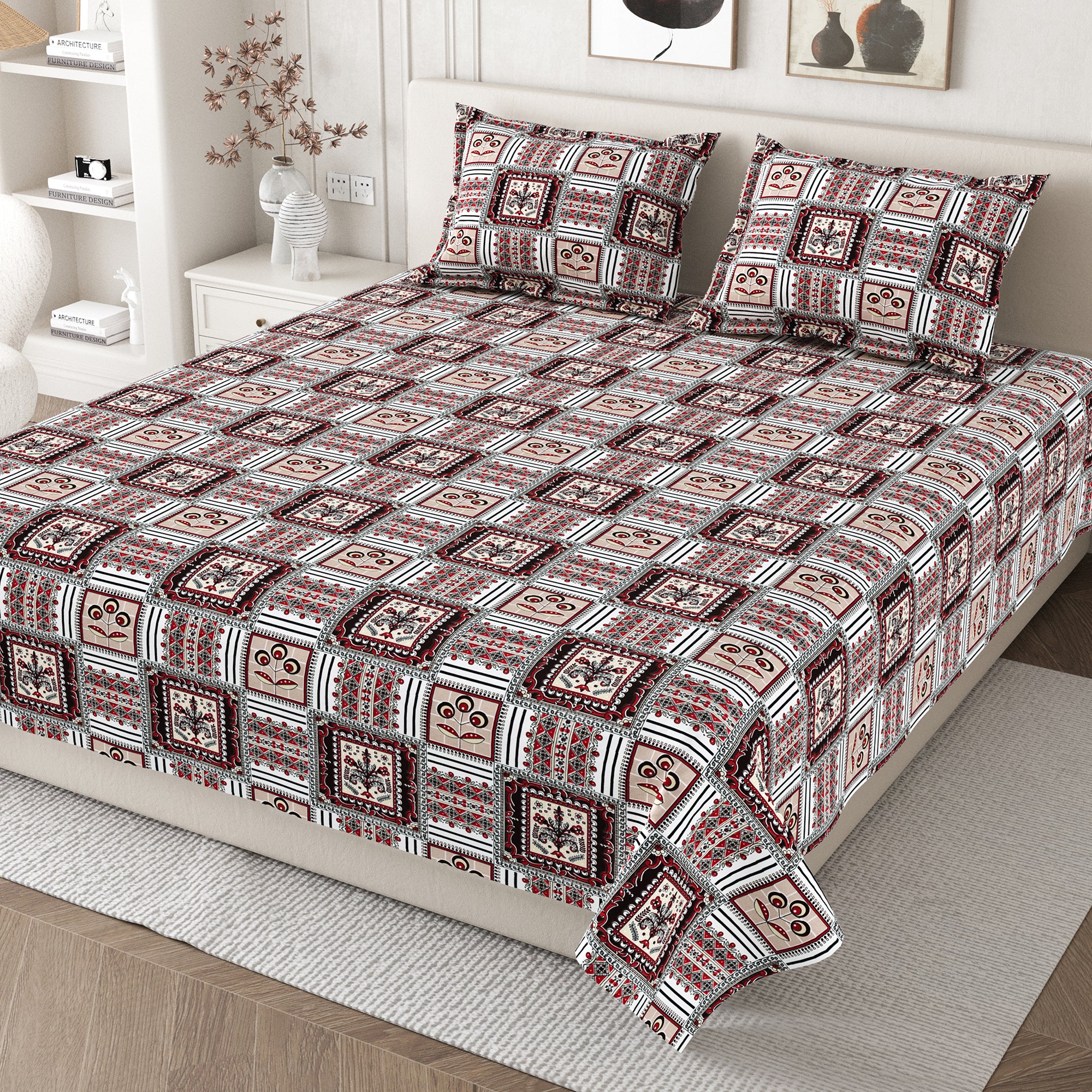Daisy Queen Bedsheet with 2 Pillow Covers 130 GSM Micropeach Classic Block Red