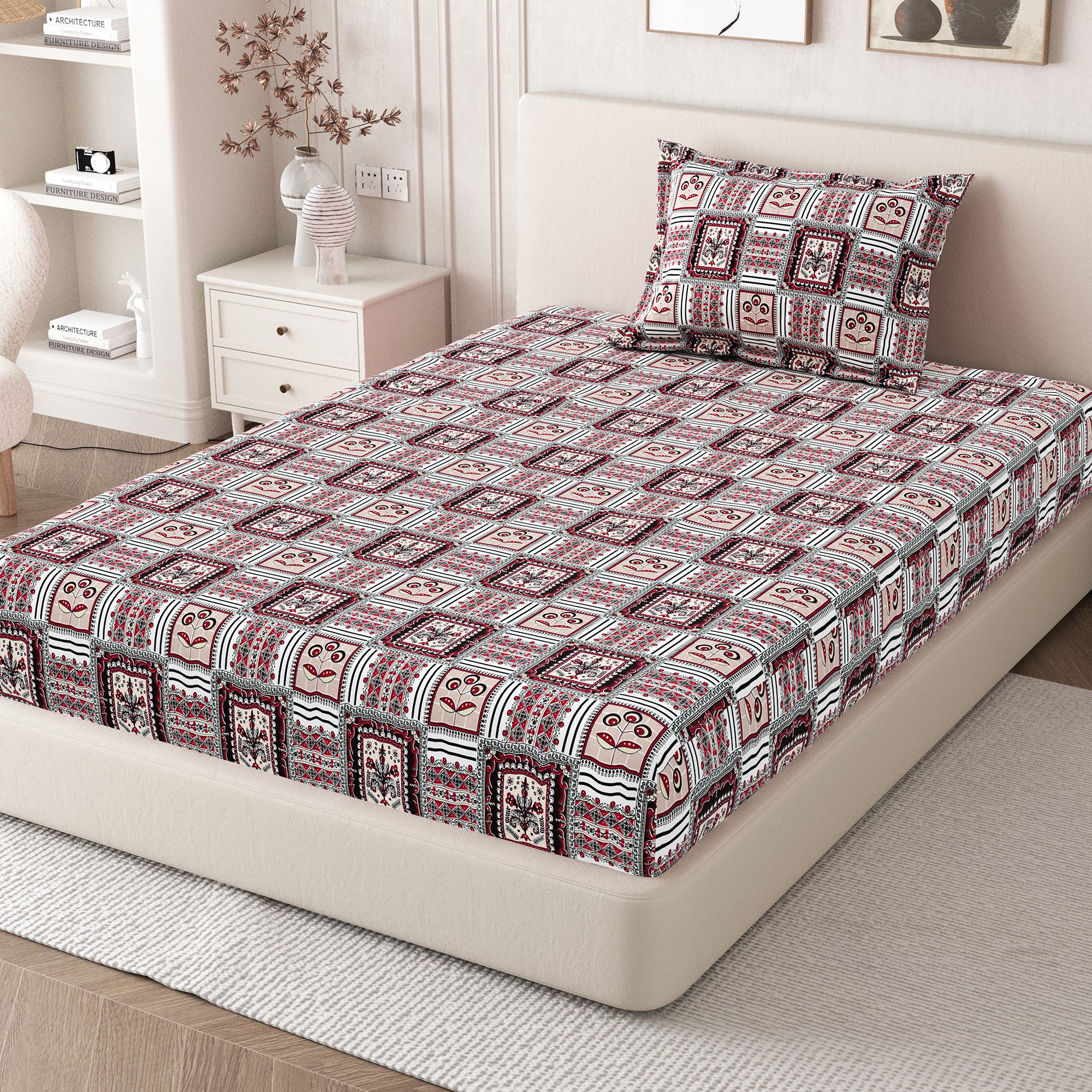 Daisy Single Bedsheet with 1 Pillow Cover 130 GSM Micropeach Classic Block Red