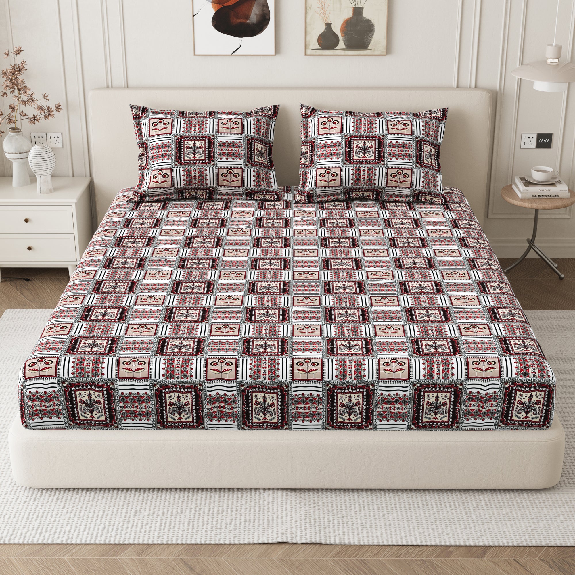 Daisy Queen Fitted Sheet with 2 Pillow Covers 130 GSM Micropeach Classic Block Red
