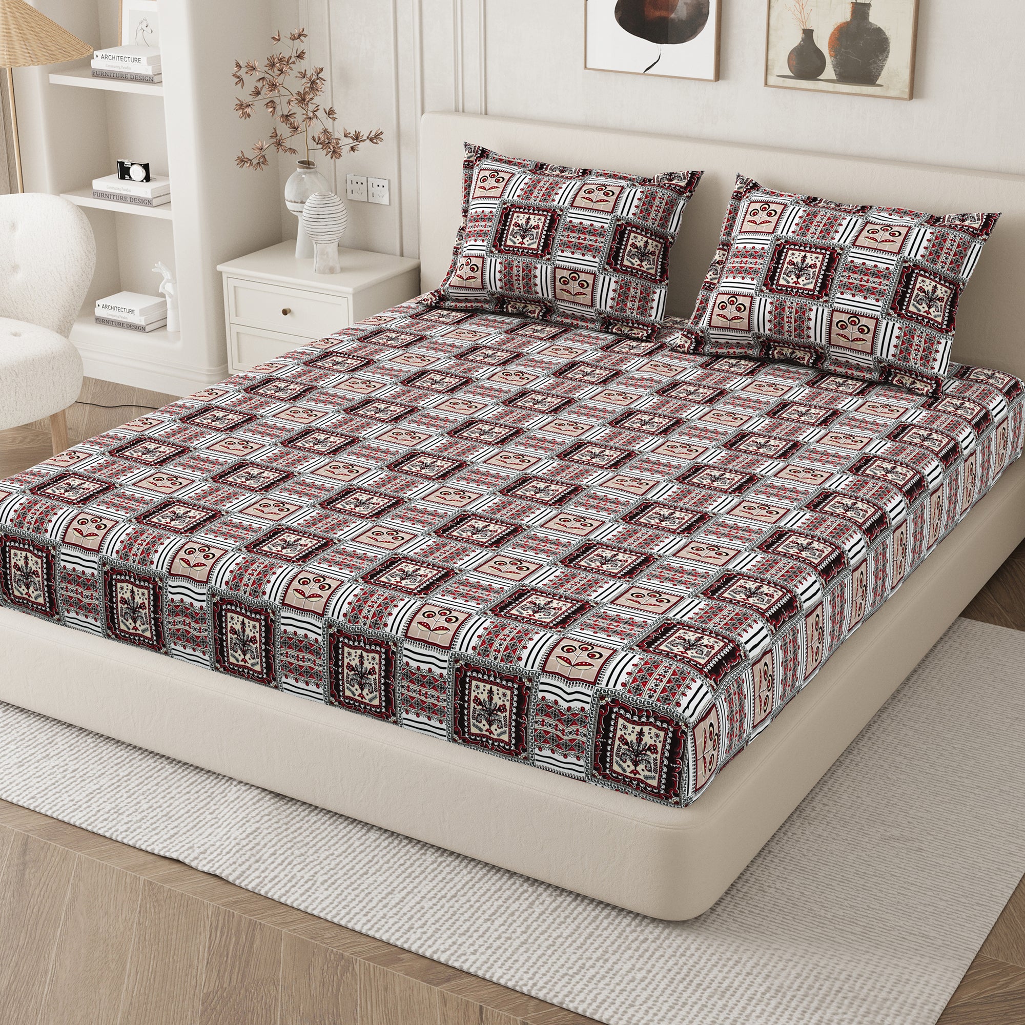 Daisy Queen Fitted Sheet with 2 Pillow Covers 130 GSM Micropeach Classic Block Red