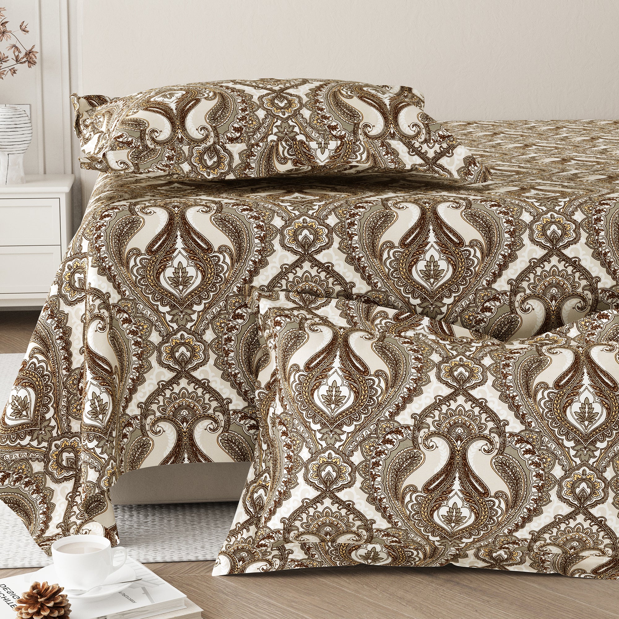 Daisy Queen Bedsheet with 2 Pillow Covers 130 GSM Micropeach Royal Damask Brown