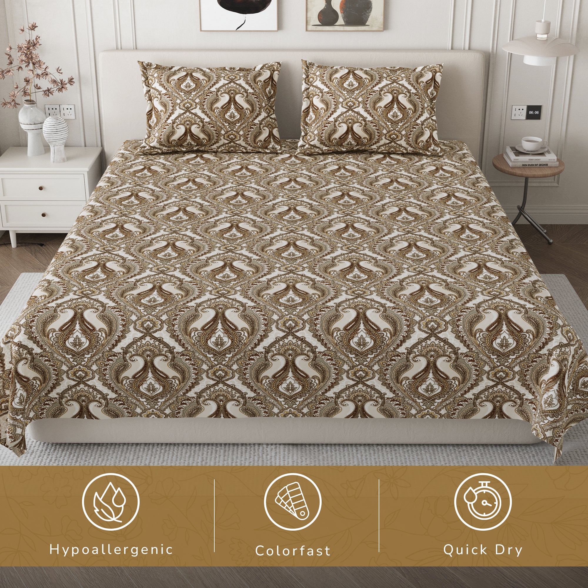 Daisy Queen Bedsheet with 2 Pillow Covers 130 GSM Micropeach Royal Damask Brown