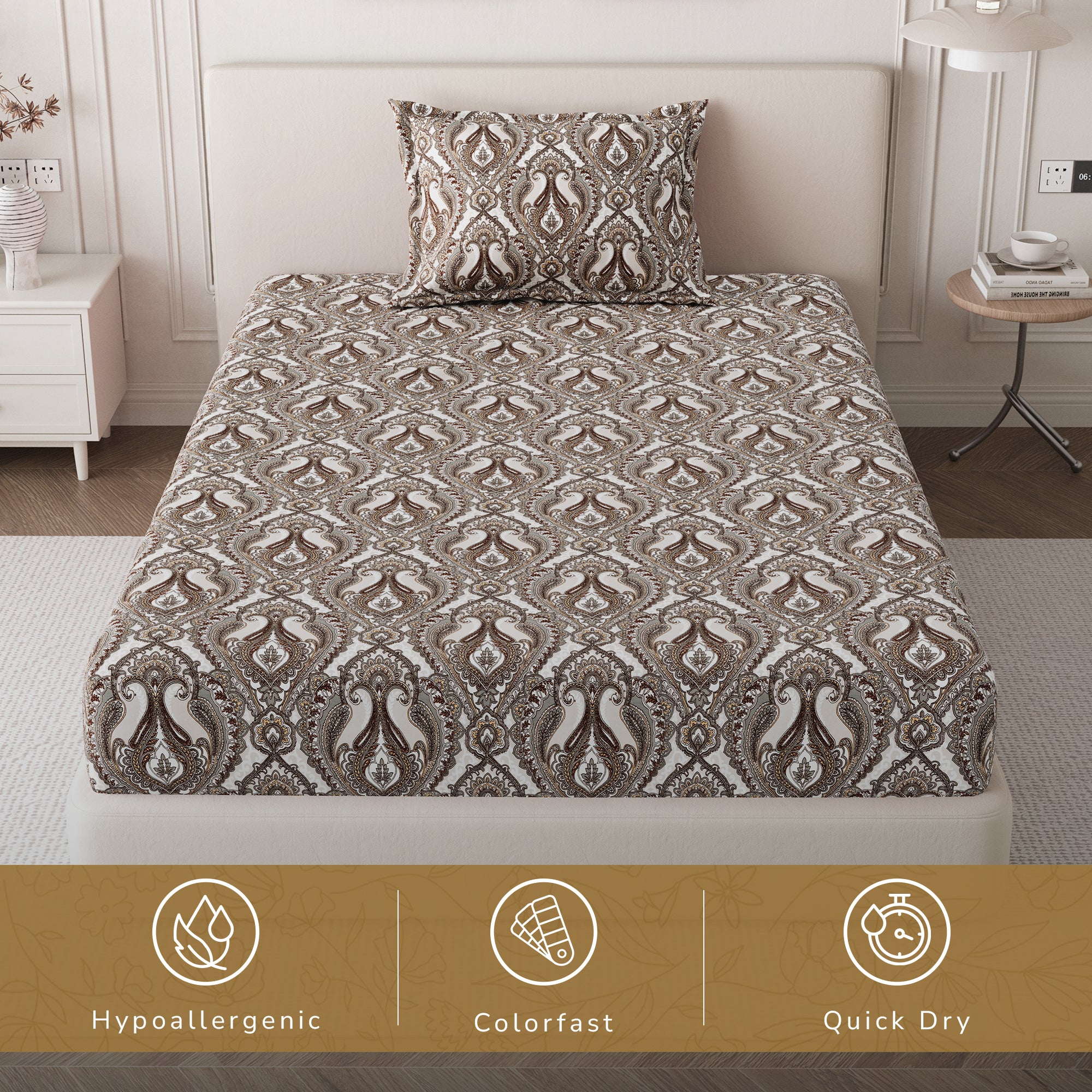Daisy Single Bedsheet with 1 Pillow Cover 130 GSM Micropeach Royal Damask Brown