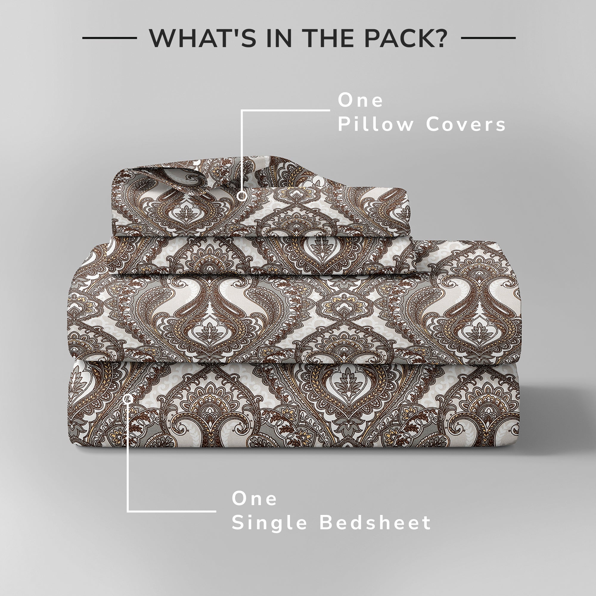Daisy Single Bedsheet with 1 Pillow Cover 130 GSM Micropeach Royal Damask Brown