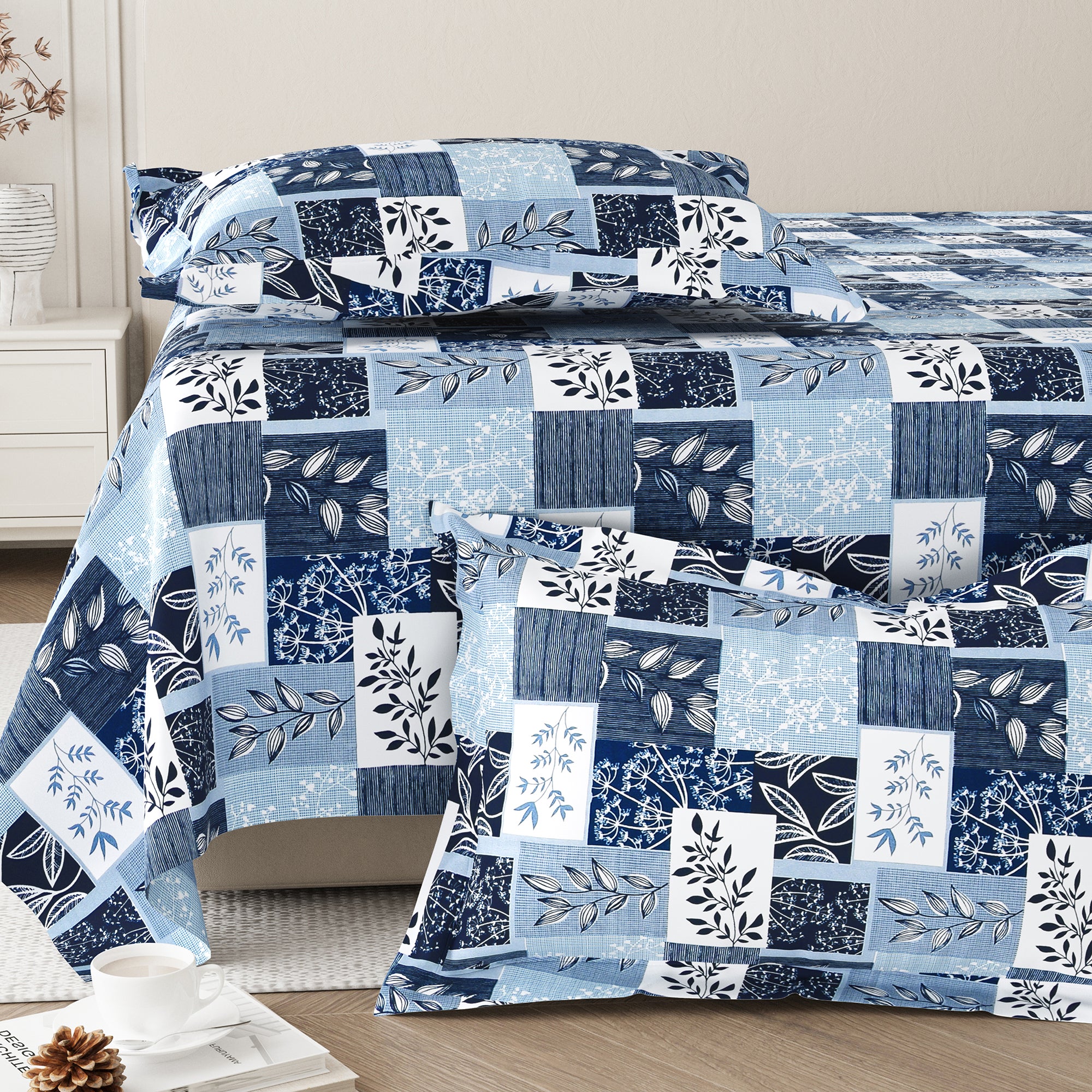 Daisy Queen Bedsheet with 2 Pillow Covers 130 GSM Micropeach Floral Block Blue