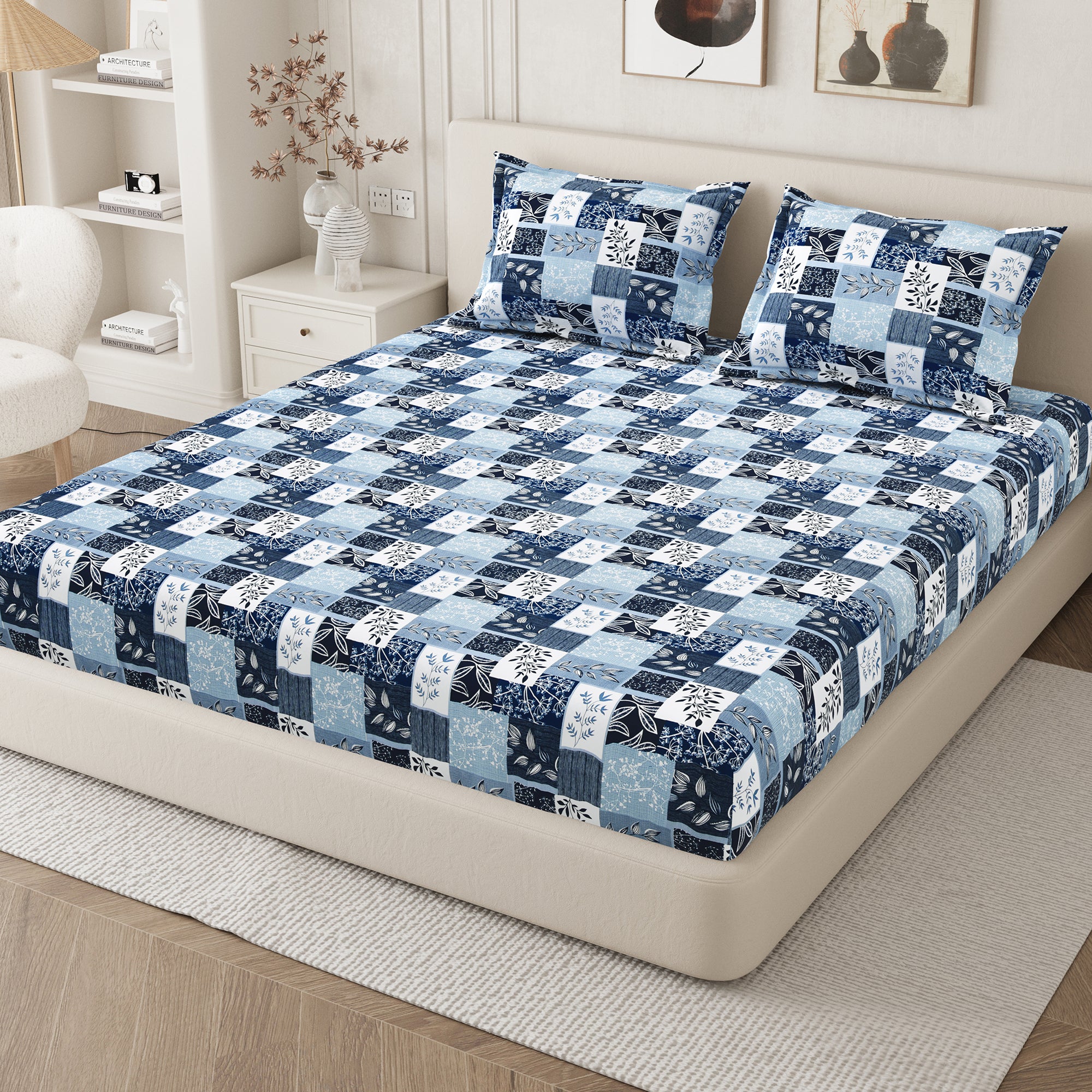Daisy King Fitted Sheet with 2 Pillow Covers 130 GSM Micropeach Floral Block Blue