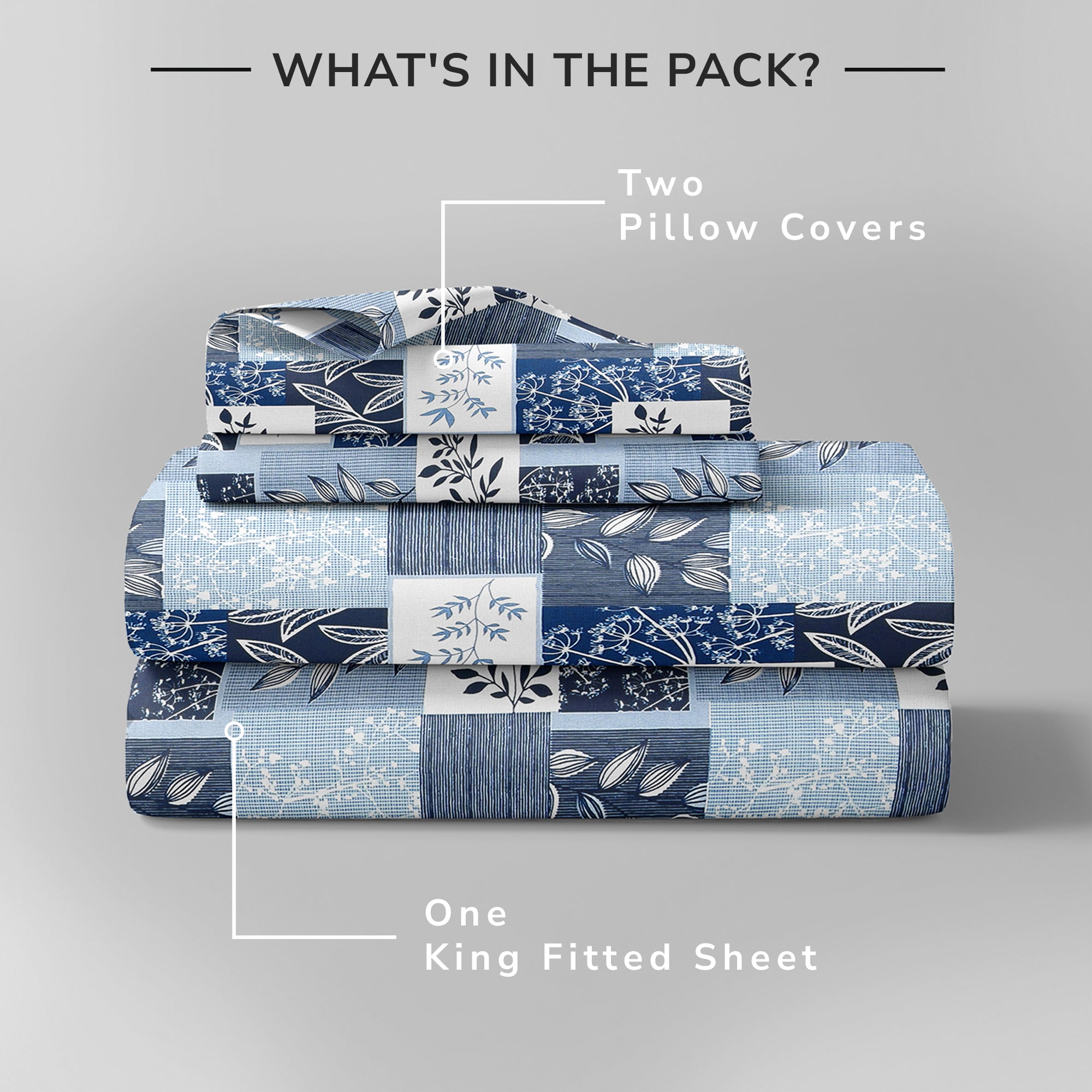 Daisy King Fitted Sheet with 2 Pillow Covers 130 GSM Micropeach Floral Block Blue