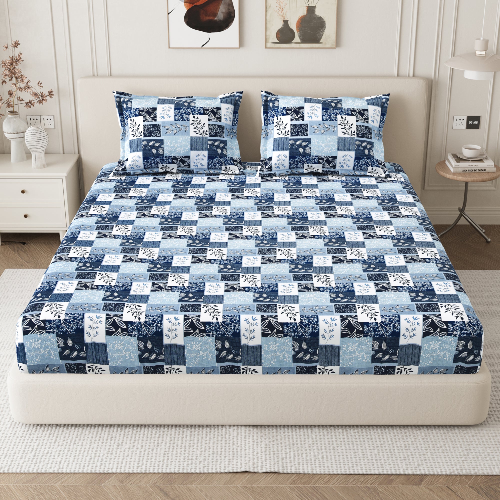 Daisy Queen Fitted Sheet with 2 Pillow Covers 130 GSM Micropeach Floral Block Blue
