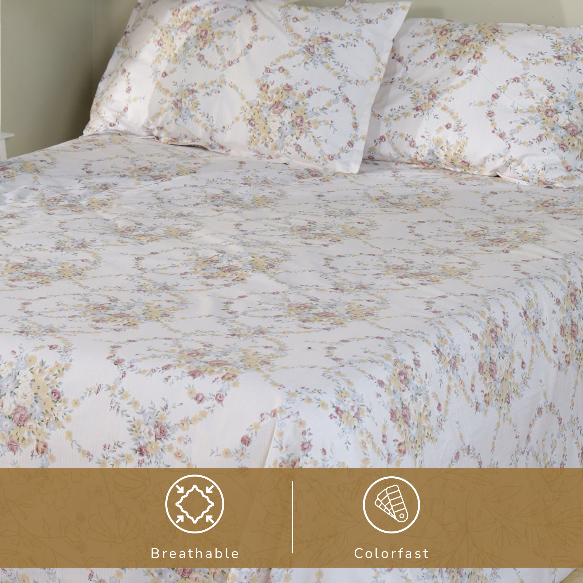 Rose King XL Bedsheet with 2 Pillow Covers 100% Cotton 160 TC Floral Wreath Cream