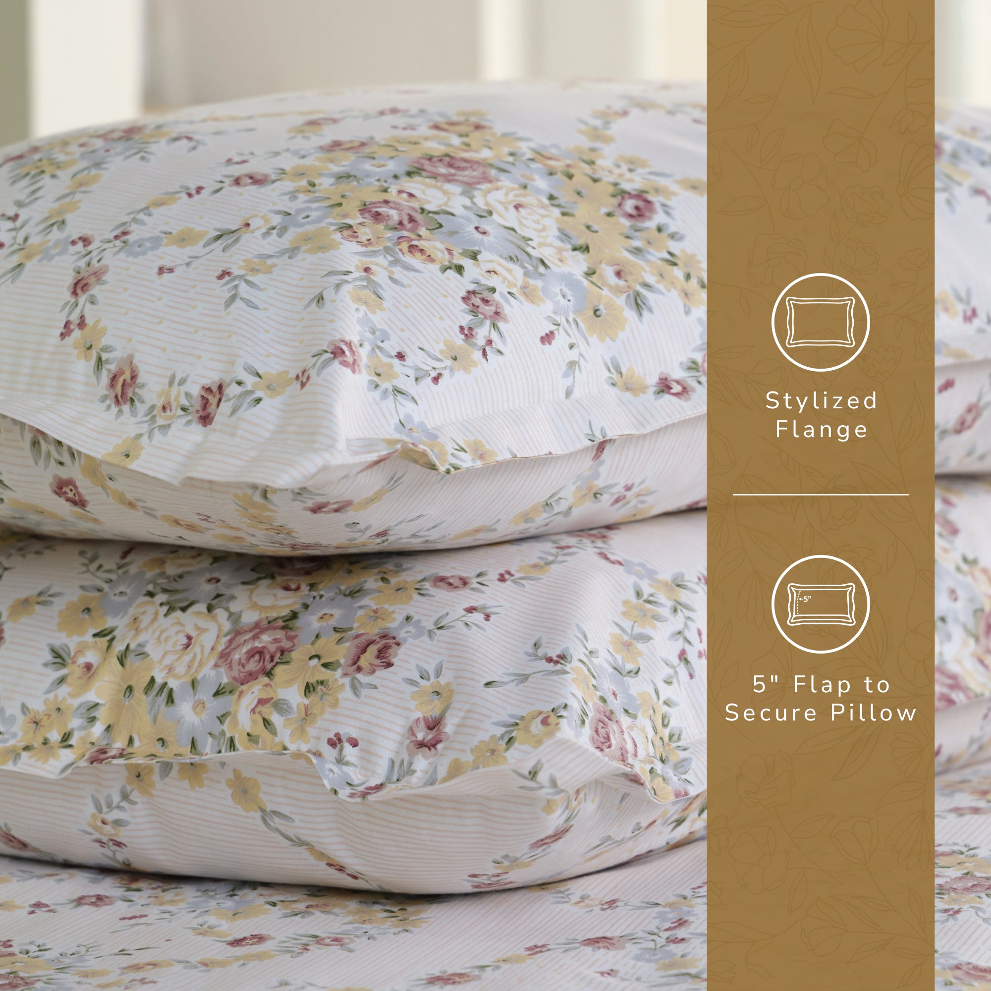 Rose King Fitted Sheet with 2 Pillow Covers 100% Cotton 160 TC Floral Wreath Cream