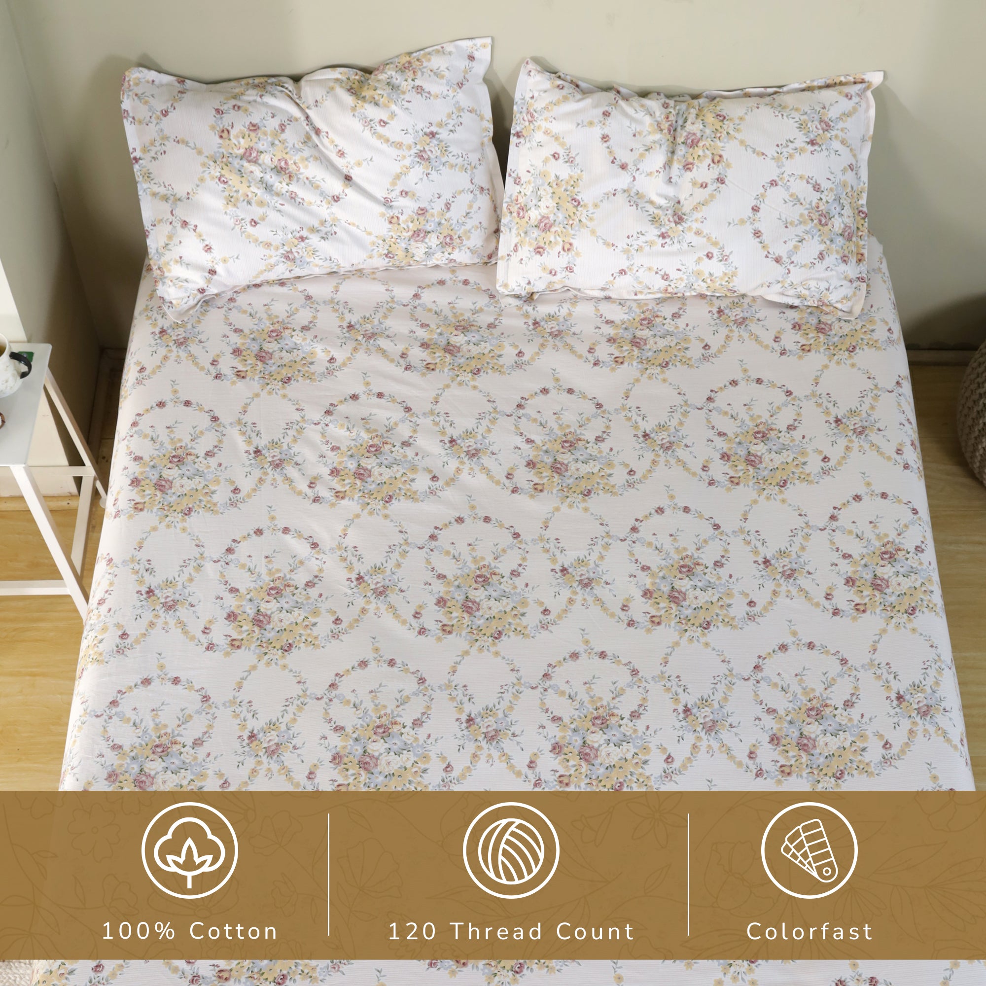 Rose King Fitted Sheet with 2 Pillow Covers 100% Cotton 160 TC Floral Wreath Cream