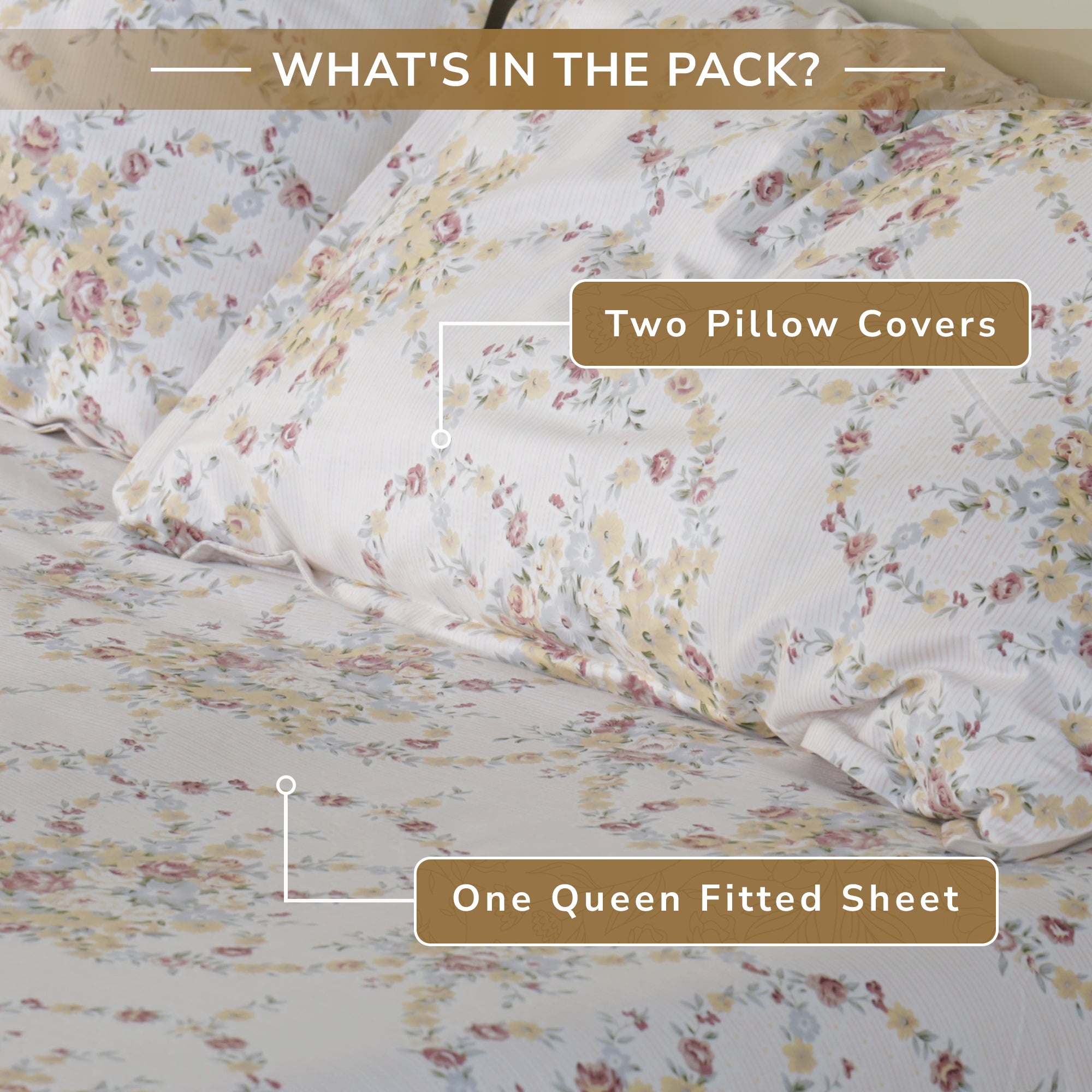 Rose Queen Fitted Sheet with 2 Pillow Covers 100% Cotton 160 TC Floral Wreath Cream