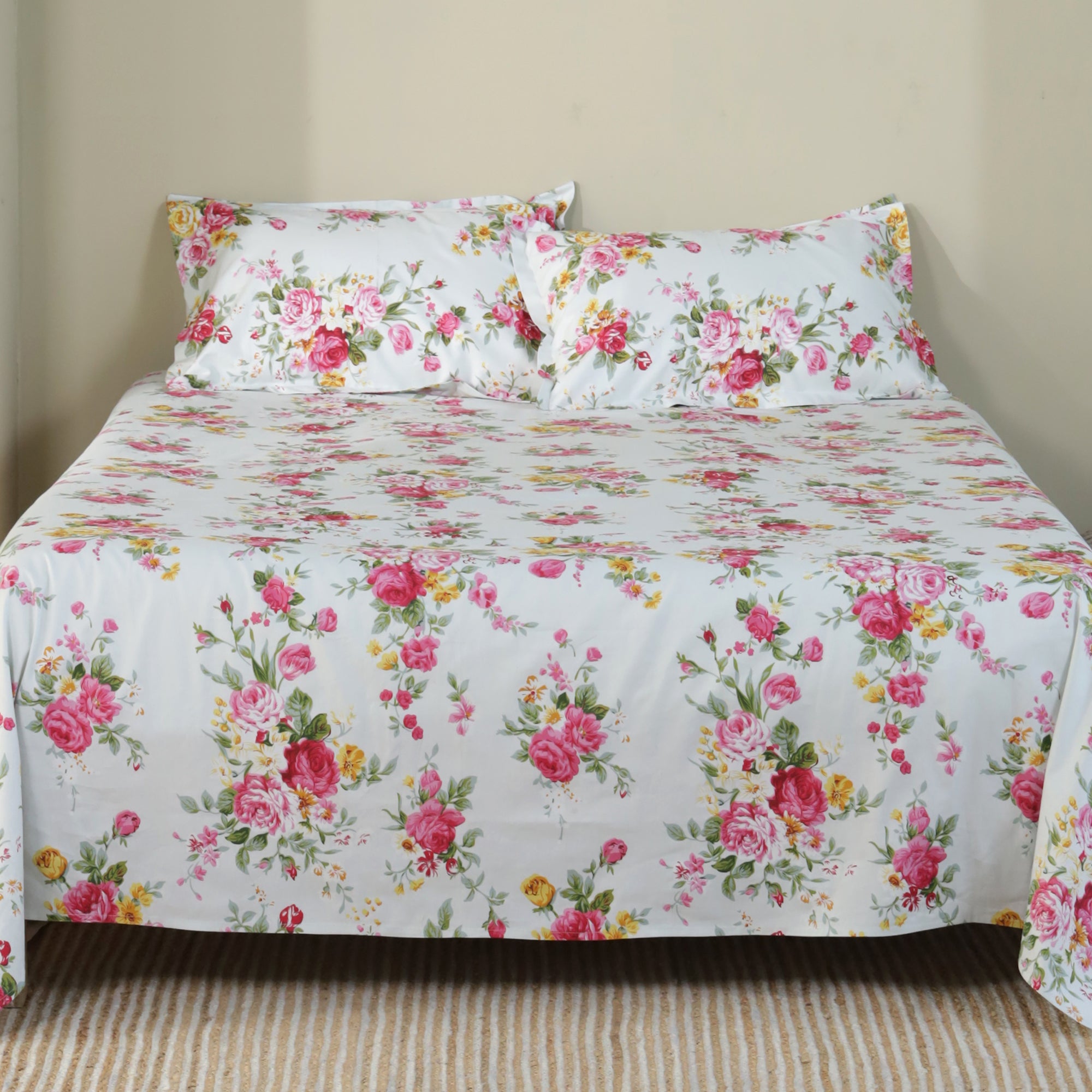 Rose King XL Bedsheet with 2 Pillow Covers 100% Cotton 160 TC Floral Garden Green