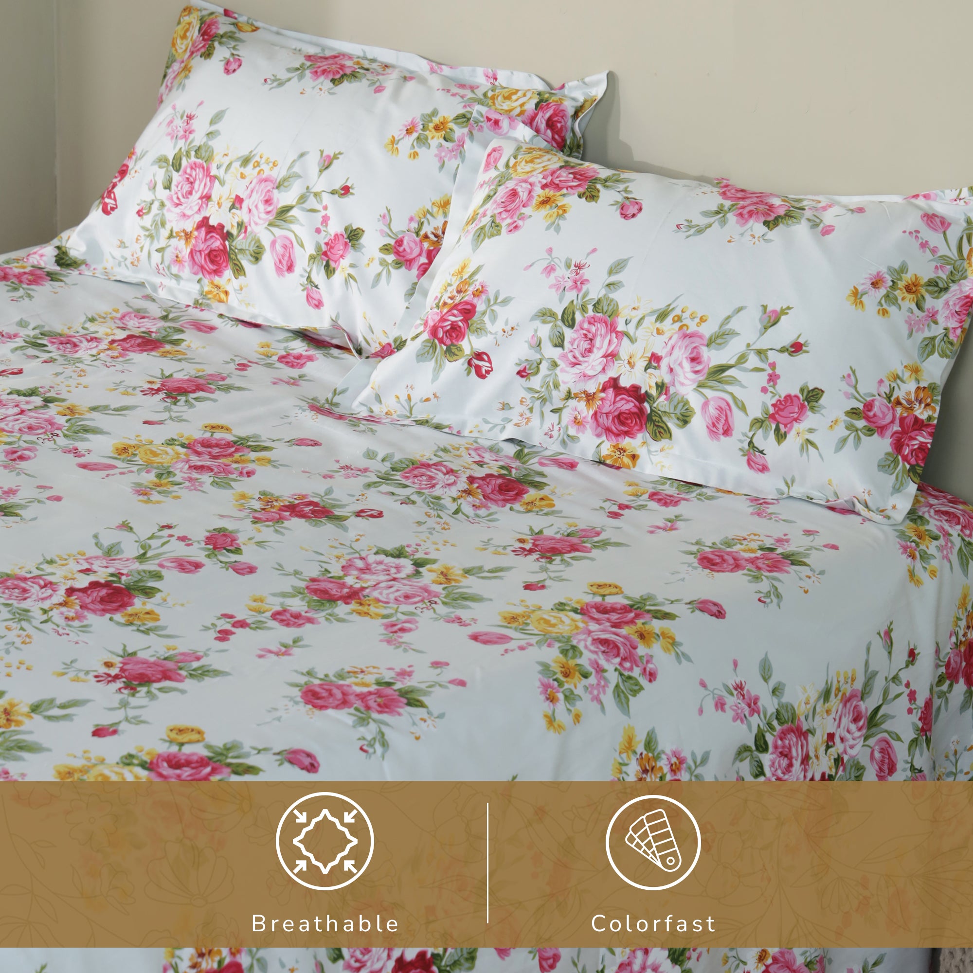 Rose King XL Bedsheet with 2 Pillow Covers 100% Cotton 160 TC Floral Garden Green