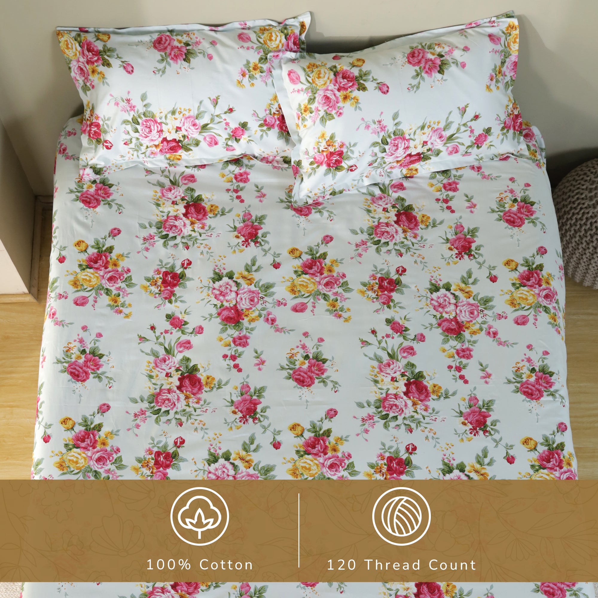 Rose King XL Bedsheet with 2 Pillow Covers 100% Cotton 160 TC Floral Garden Green