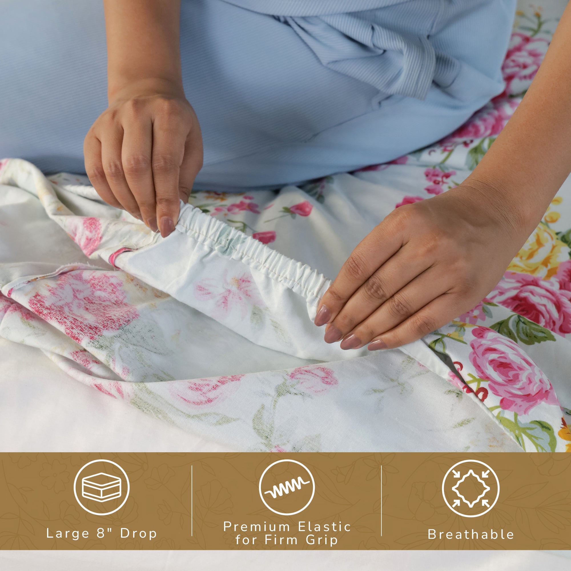 Rose King Fitted Sheet with 2 Pillow Covers 100% Cotton 160 TC Floral Garden Green