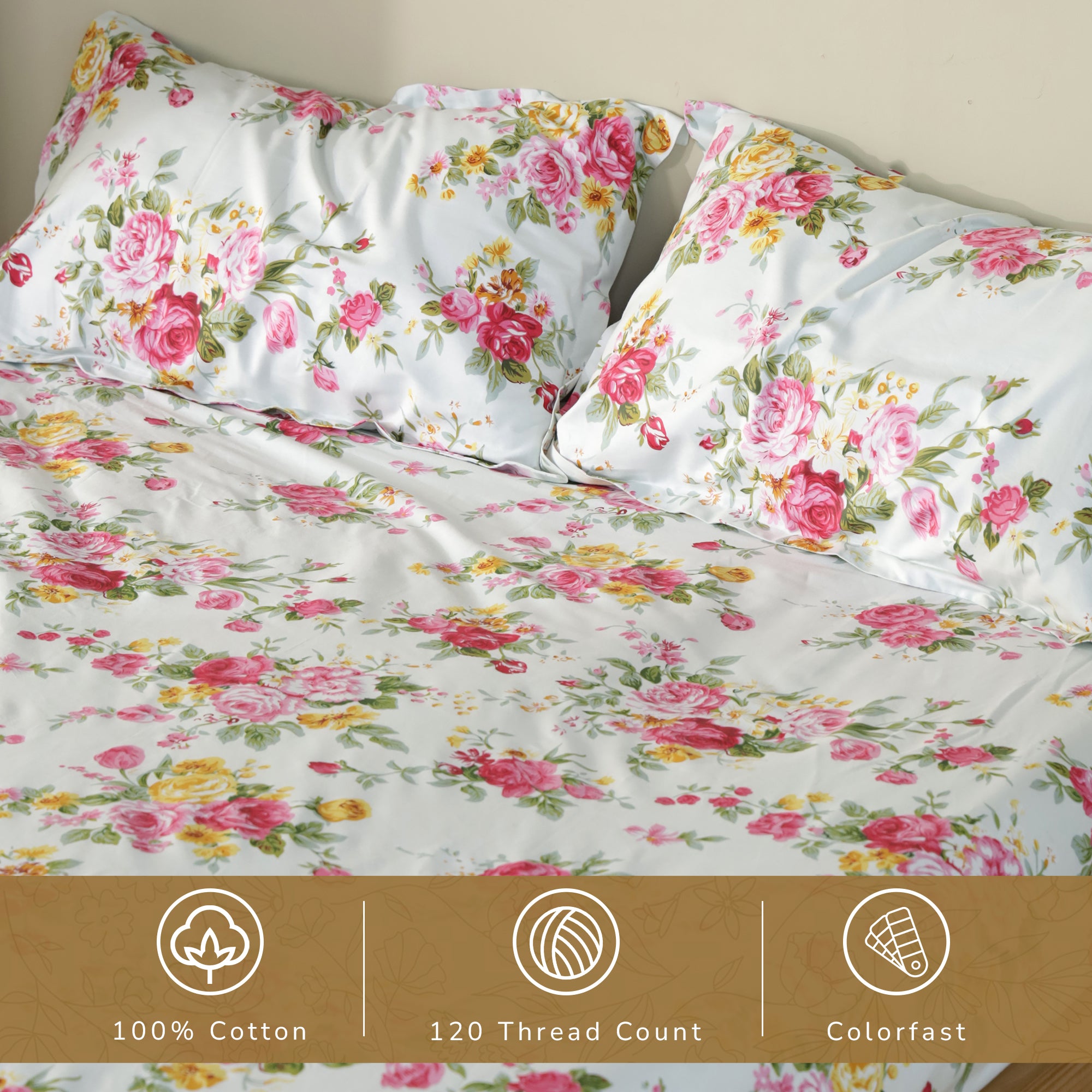 Rose King Fitted Sheet with 2 Pillow Covers 100% Cotton 160 TC Floral Garden Green
