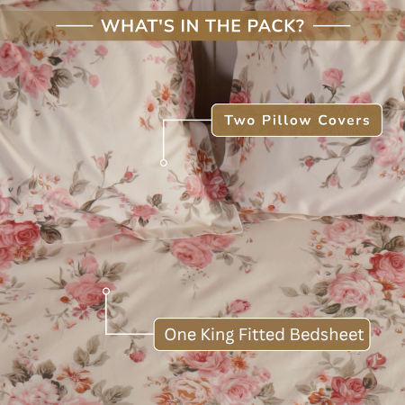 Rose King Fitted Sheet with 2 Pillow Covers 100% Cotton 160 TC Floral Bunch Pink