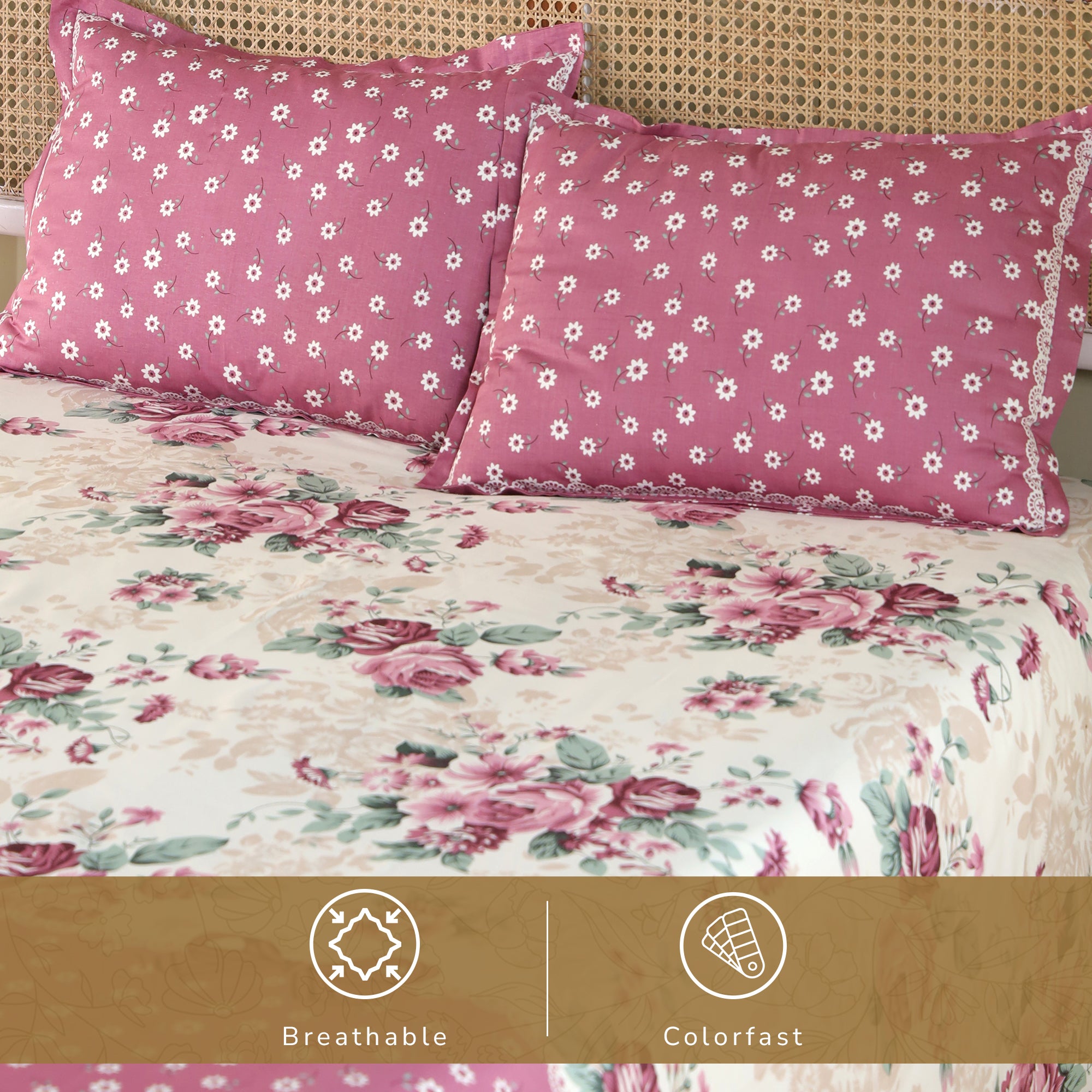 Rose King XL Bedsheet with 2 Pillow Covers 100% Cotton 160 TC Floral Bouquet Pink