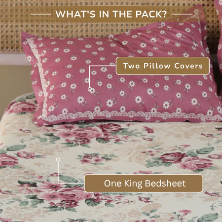Rose King XL Bedsheet with 2 Pillow Covers 100% Cotton 160 TC Floral Bouquet Pink