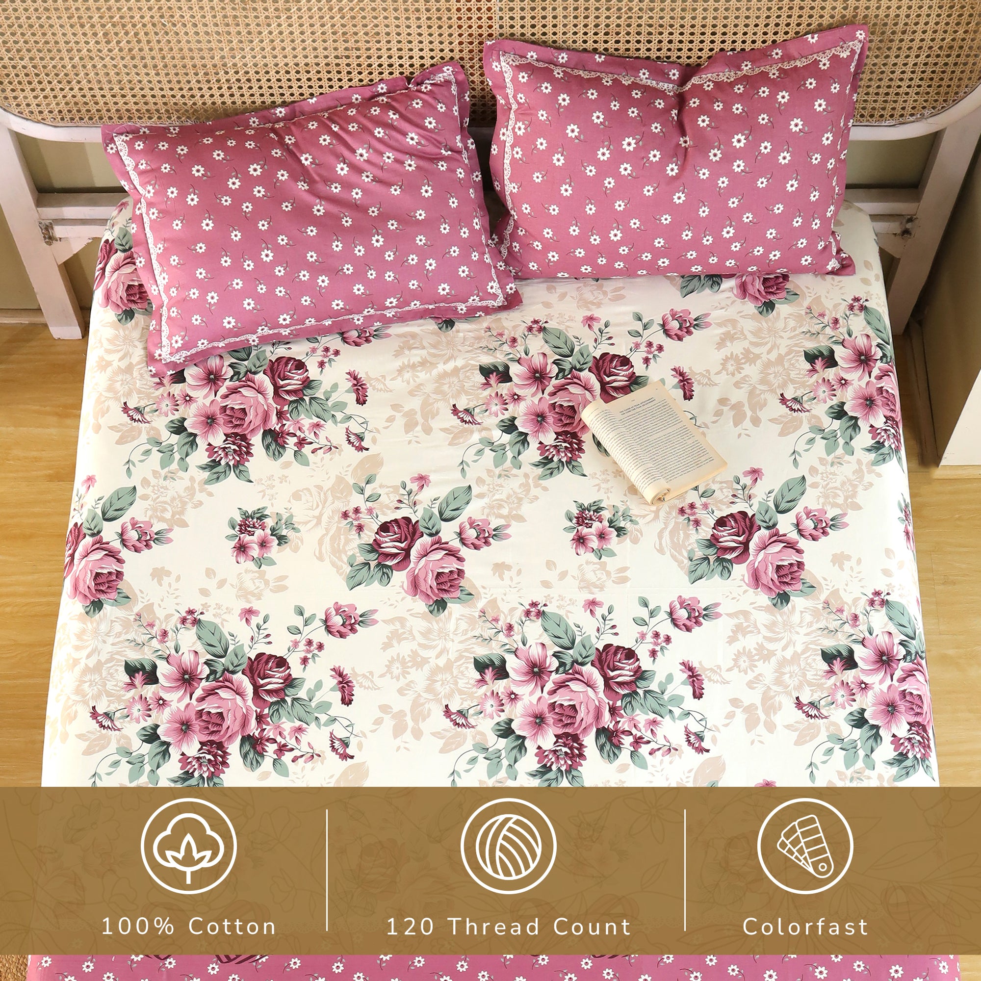 Rose Queen Fitted Sheet with 2 Pillow Covers 100% Cotton 160 TC Floral Bouquet Pink